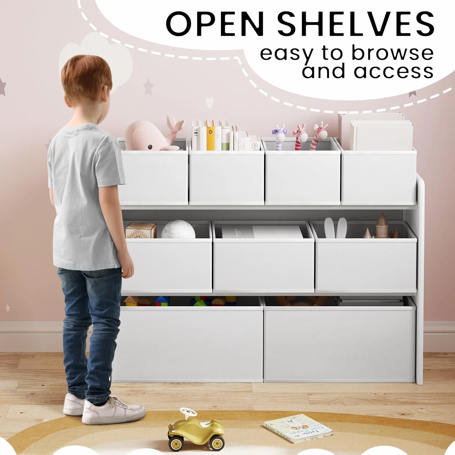 Lestarain Organizador de Juguetes para Niños, Estanteria Infantil de Almacenaje de 9 Cajas, Mueble Infantil de 3 Niveles, Estantería para Habitación, Sala de Juegos y Guardería, Blanco, 92x60x30 cm
