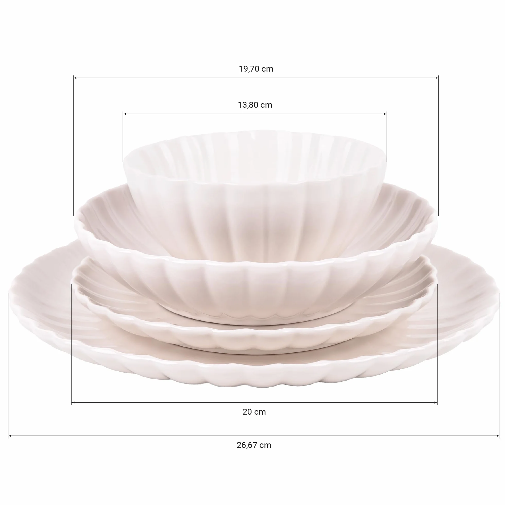 Cofan Vajilla de porcelana esmaltada | Juego de 16 piezas | Diseño en relieve | Color: blanco | Apta para lavavajillas, microondas y horno