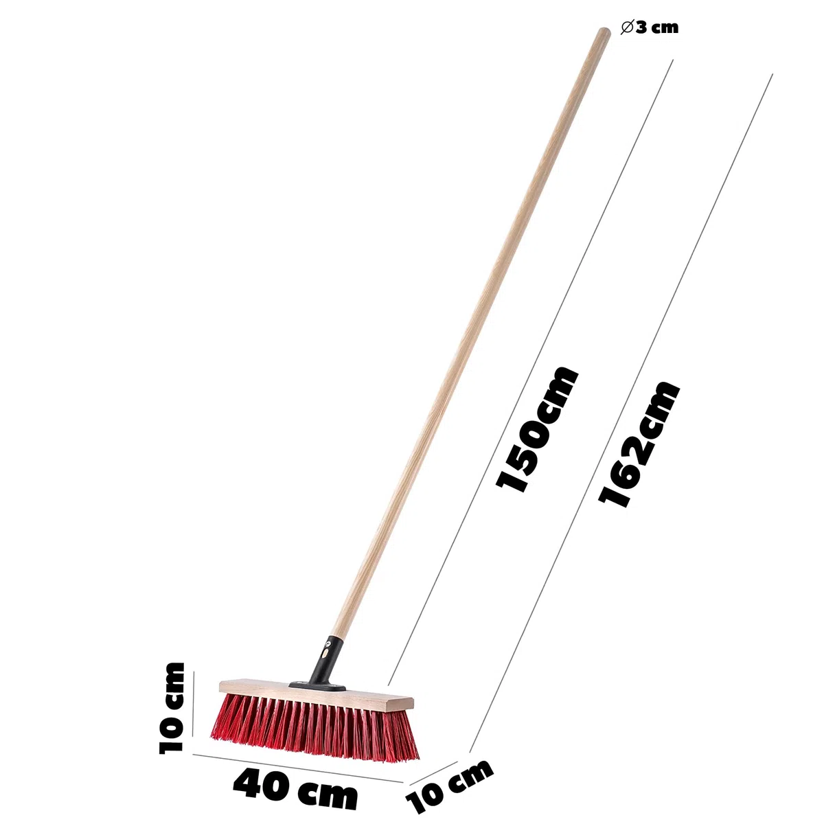 KADAX Barredora de limpieza con mango de madera, cabeza ancha y cepillos largos y rígidos, barredora exterior para barrido de entradas, bordillos y suelos de garaje (rojo, 40 cm)
