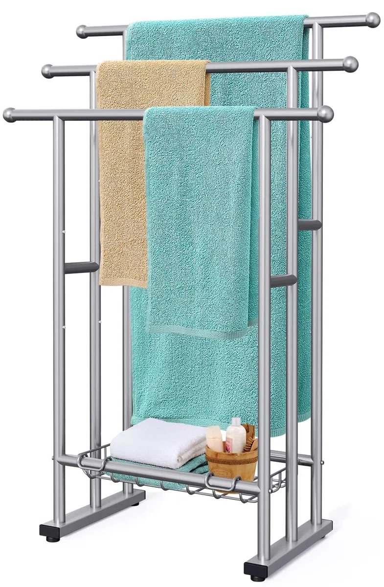 Toallero Independiente de 40 Pulgadas de Alto para baño, toallero de Piso de 3 Niveles con Cesta de Almacenamiento, Escalera de Manta y Estante de exhibición para Toallas de baño Grandes y Toallas de