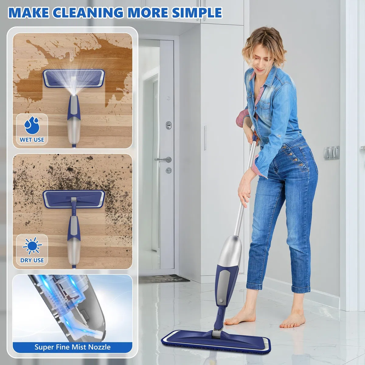 BPAWA - Mopas de pulverización para limpiar suelos, mopa de microfibra para suelos duros con pulverizador, mopa plana y seca para suelos laminados, azulejos de madera, vinilo, con 4 almohadillas