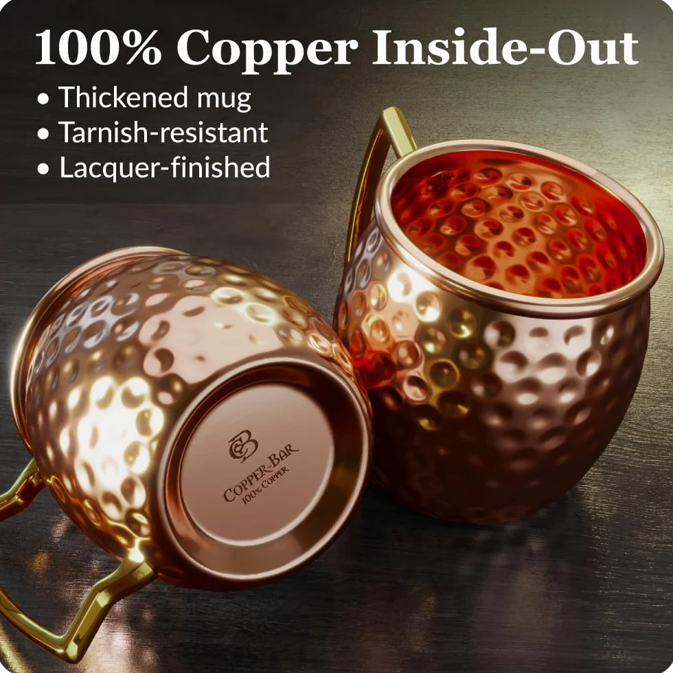 Moscow Mule tazas 100% sólido cobre, martillado, Set de regalo de 4, 16oz, no níquel auténtico mango, Bonus: 4 pajitas + 1 shot glass & 2 Libros Electrónicos por copper-bar