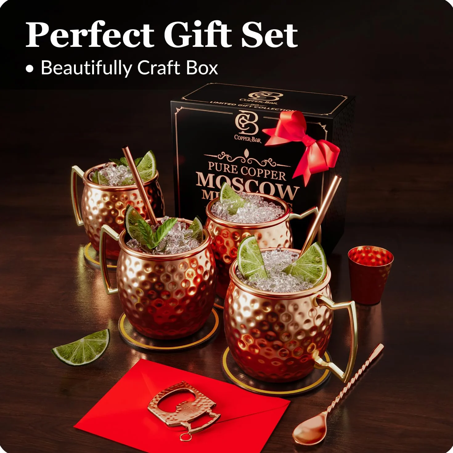 Moscow Mule tazas 100% sólido cobre, martillado, Set de regalo de 4, 16oz, no níquel auténtico mango, Bonus: 4 pajitas + 1 shot glass & 2 Libros Electrónicos por copper-bar