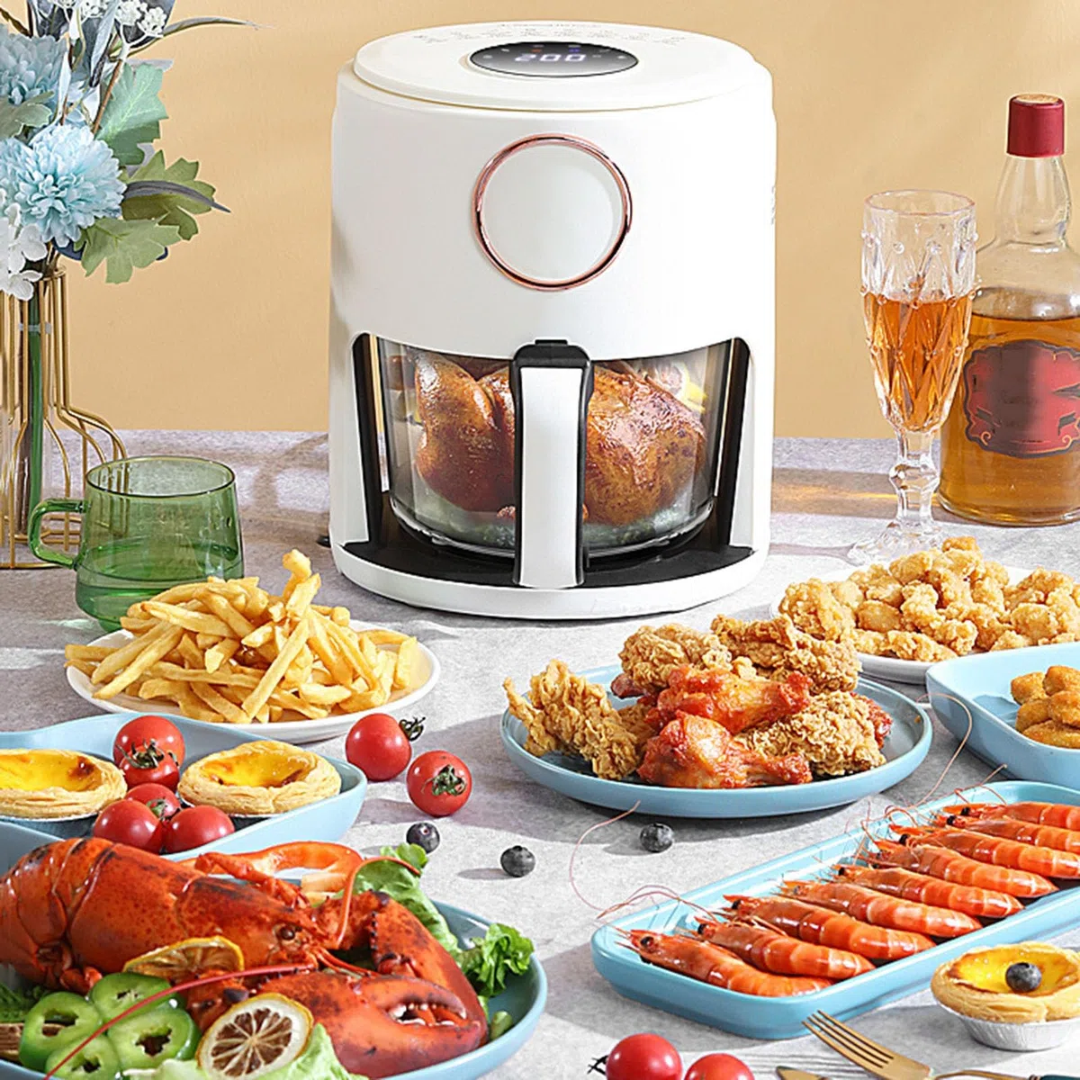 Freidora de aire de gran capacidad de 5 l, horno eléctrico multifunción transparente, totalmente automático, inteligente, de vidrio para el hogar, 1000 W (color: blanco, tamaño: perilla superior)