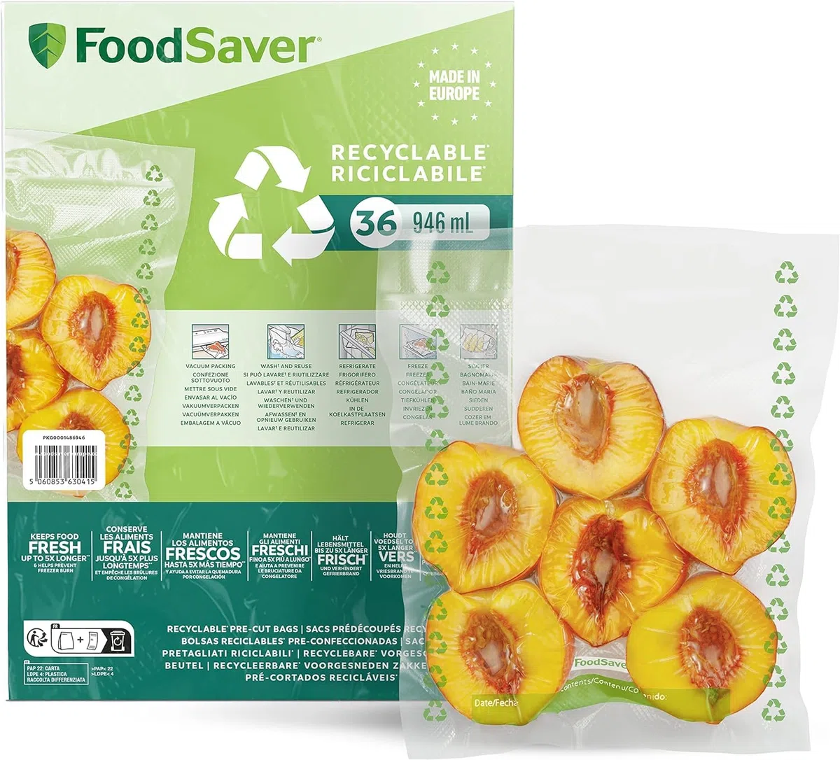 FoodSaver Máquina de Vacío FFS005X con Compartimiento de Almacenamiento de Rodillos y Cortadores + Foodsaver Bolsas de Envasado al Vacío Reutilizables, 5 Rollos, 36 Bolsas