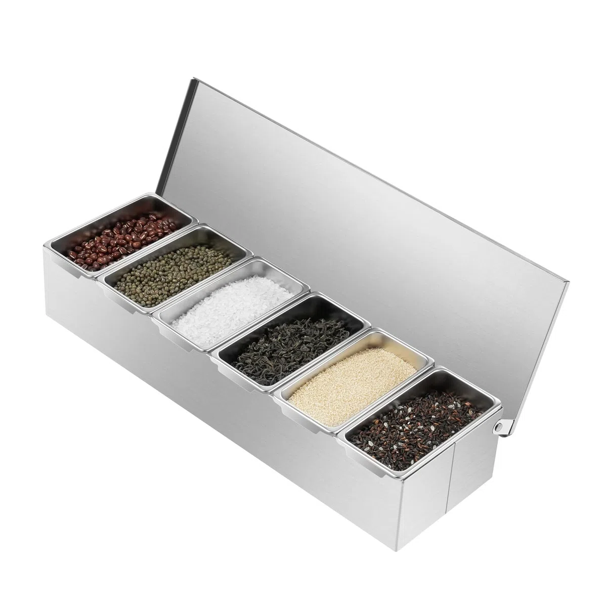 Dispensador de condimentos con tapas abatibles for cocinas y restaurantes, organizador de especias y salsas de acero inoxidable for preparación de alimentos limpios y fácil acceso