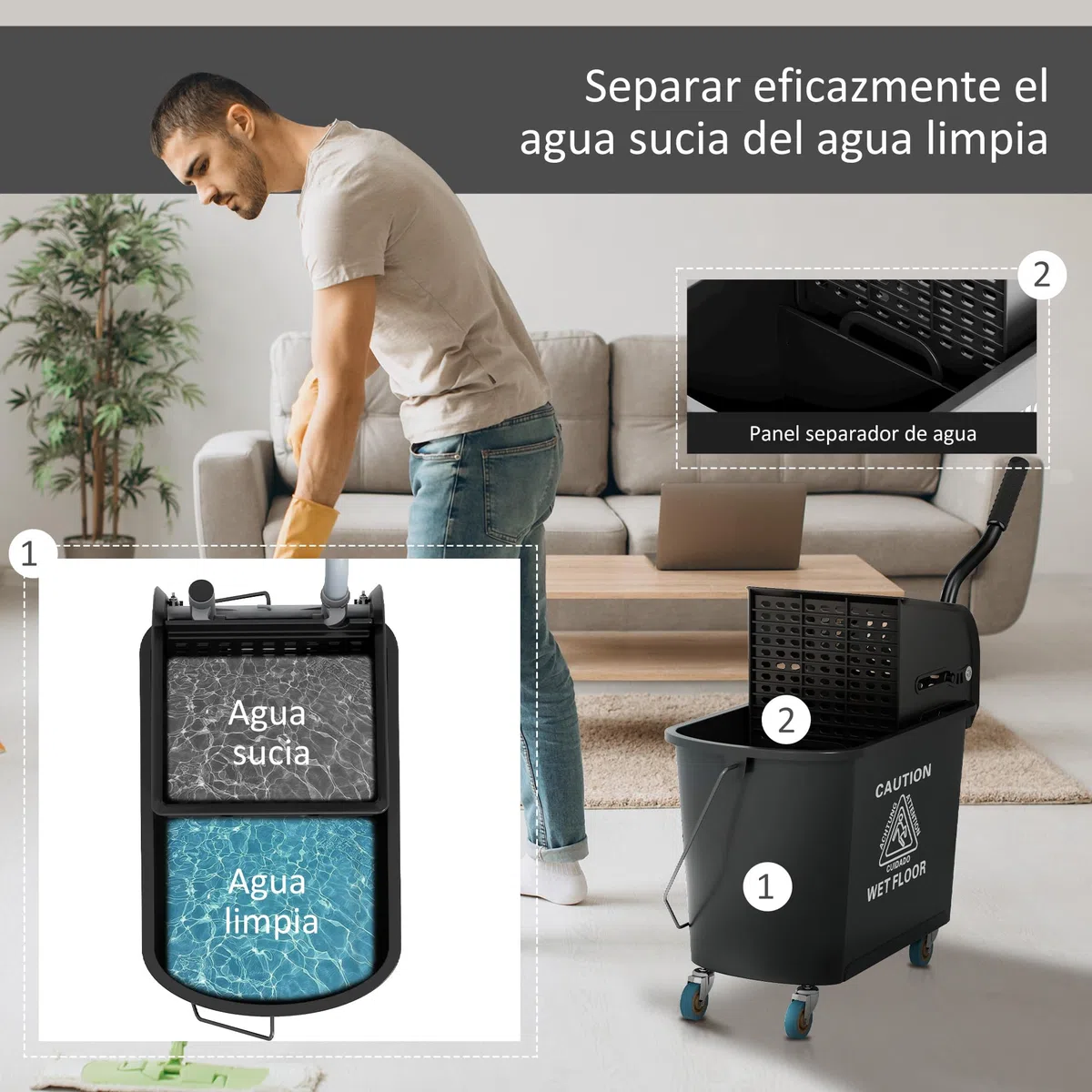 HOMCOM Cubo de Fregona con Ruedas Capacidad de 20 L Cubo de Fregar con Sistema de Escurridor Ruedas y Asa de Transporte para Doméstico y Comercial Negro