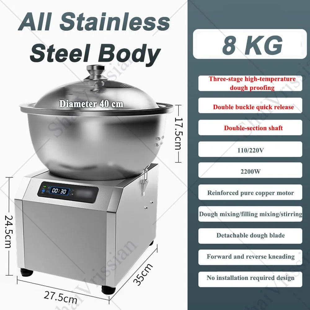 2200w Amasadora Profesional,Espiral 5-8kg,Cuenco Acero Inoxidable,Doble Rotación,Temporizador,Avance/Retroceso,para Panaderías Pizzerías Restaurantes 8kg