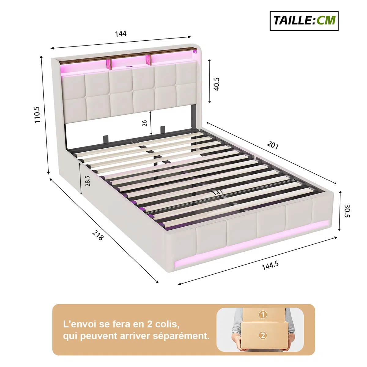 Cama con cajón 140 x 200 con LED, cama de matrimonio tapizada con somier de listones y compartimento de almacenamiento, cabecero doble, cama de matrimonio para adultos y adolescentes, sin