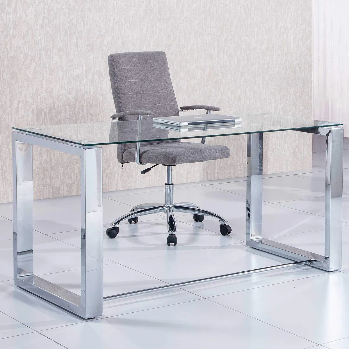 Adec Group Office, Mesa de Estudio, Oficina, Office, Acabado en Cristal y Cromo, Medidas 140 cm (Largo) x 70 cm (Ancho) x 75 cm (Alto)