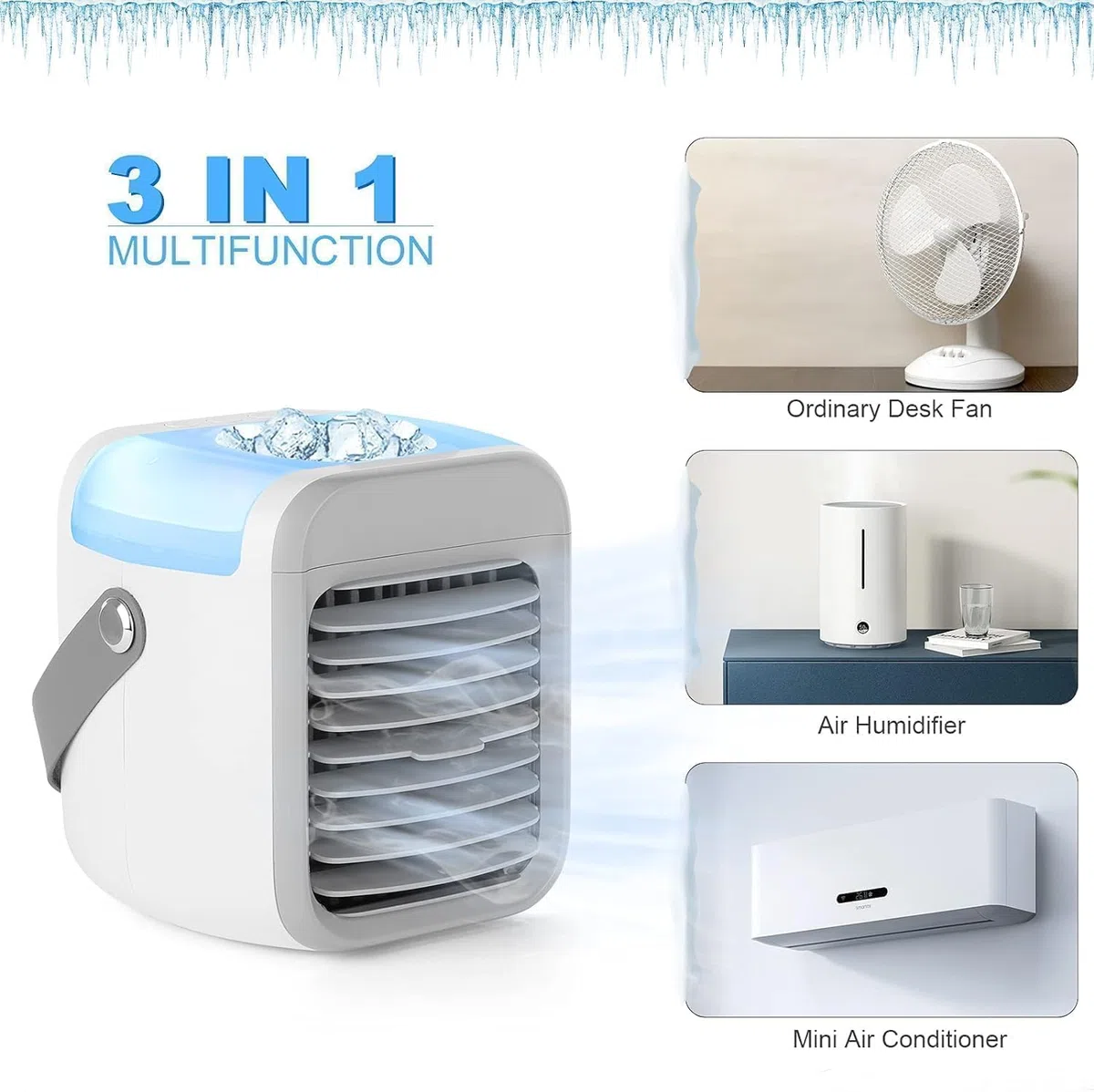Aire acondicionado portátil, 4 en 1, mini enfriador de aire, enfriador de aire USB silencioso con depósito de agua, asa portátil, 7 luces LED, 3 velocidades