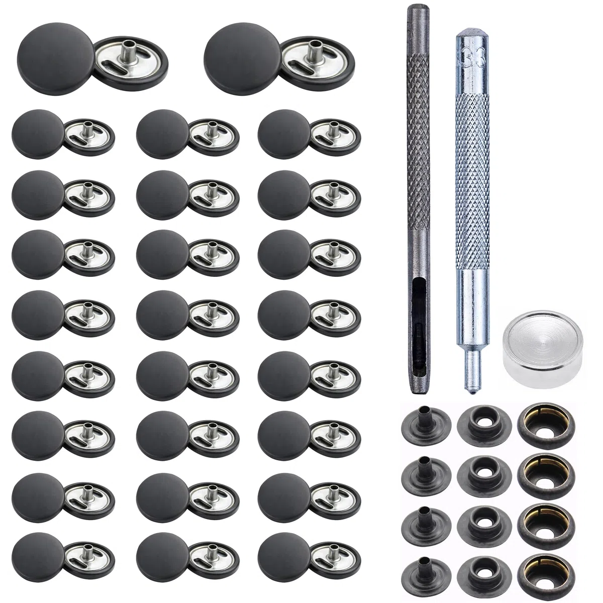 Trimming Shop 15mm Botones a Presión 4 Parte, Durable y Ligero Metal Cierres con Mano Fijación Herramienta para Jeans, Cuero, Tiras Costura Proyectos, Ropa Reparación - negro mate, 500pcs