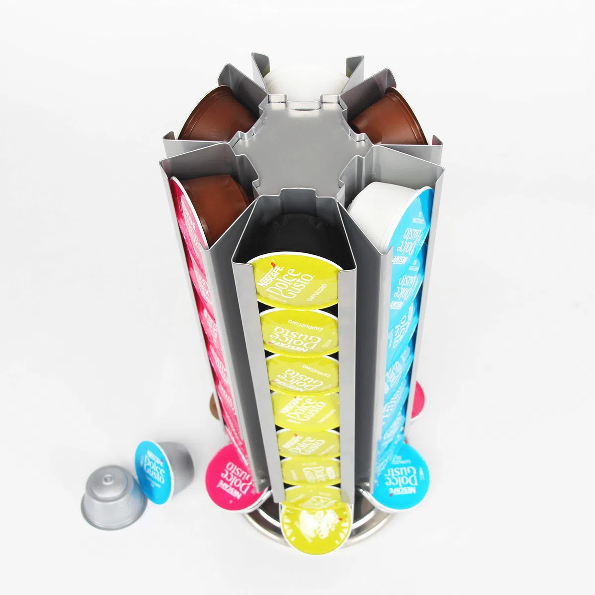 FlagShip Soporte para cápsulas de café Dolce Gusto, organizador de cápsulas de carrusel de metal, 48 cápsulas, color plateado