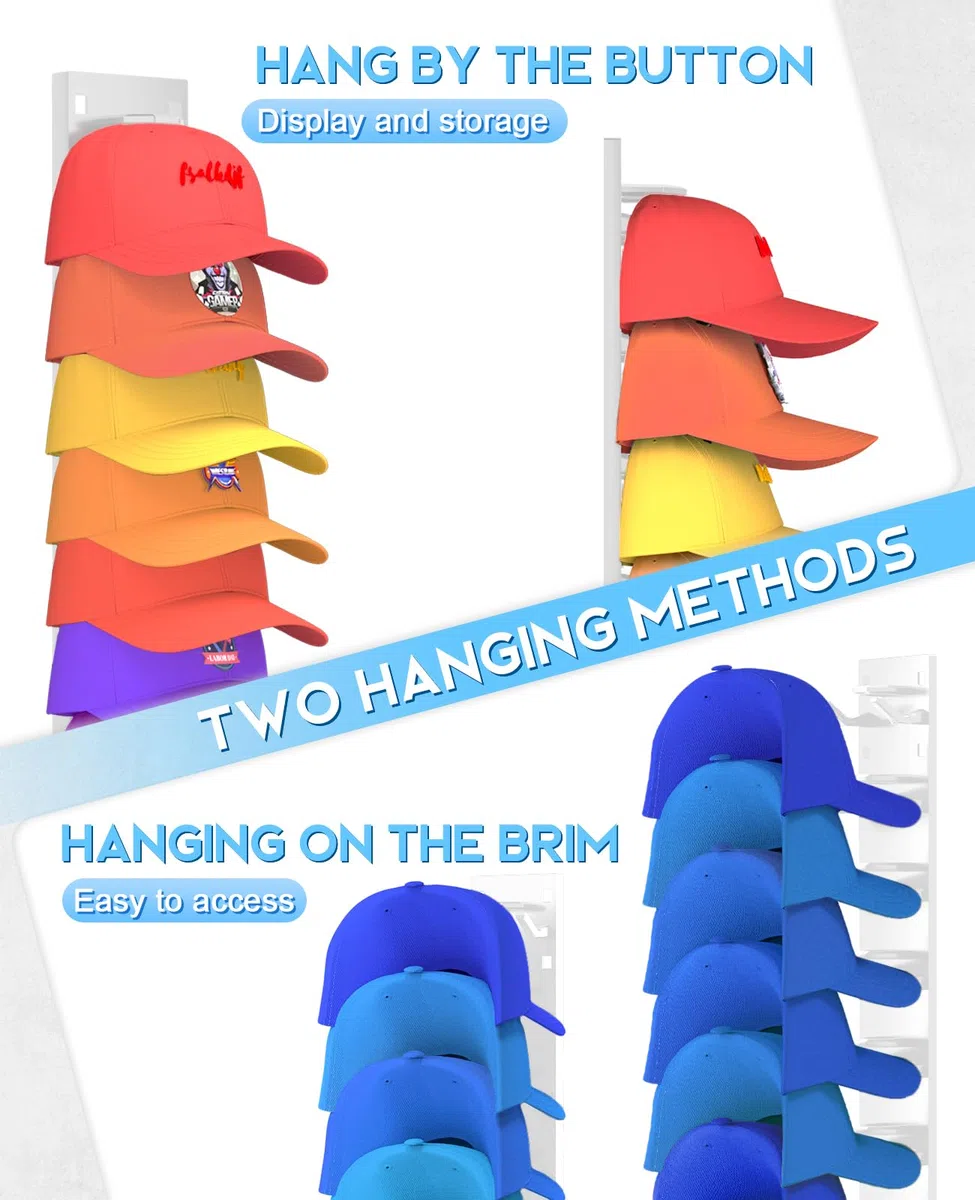 Eanyiikick Paquete de 2 organizadores de sombreros para gorras de béisbol, ganchos para sombreros para pared con capacidad para hasta 18 sombreros (blanco)