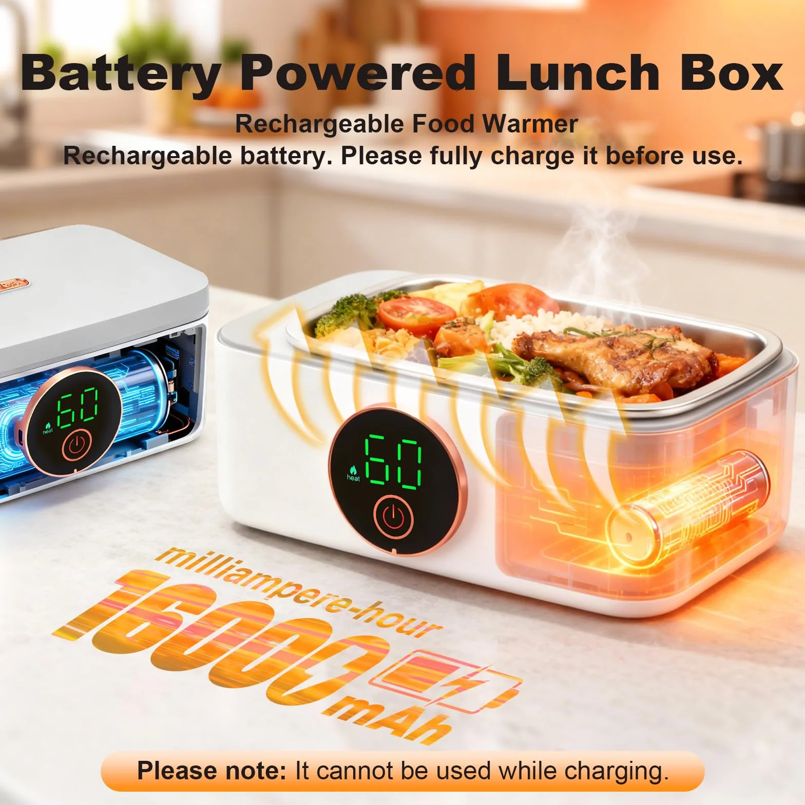 Fiambrera eléctrica con batería 16000mAh 1L Fiambrera calefacción inalámbrica para adultos función de calentamiento automático, Fiambrera calefacción por USB, Contenedor interior de acero inoxidable