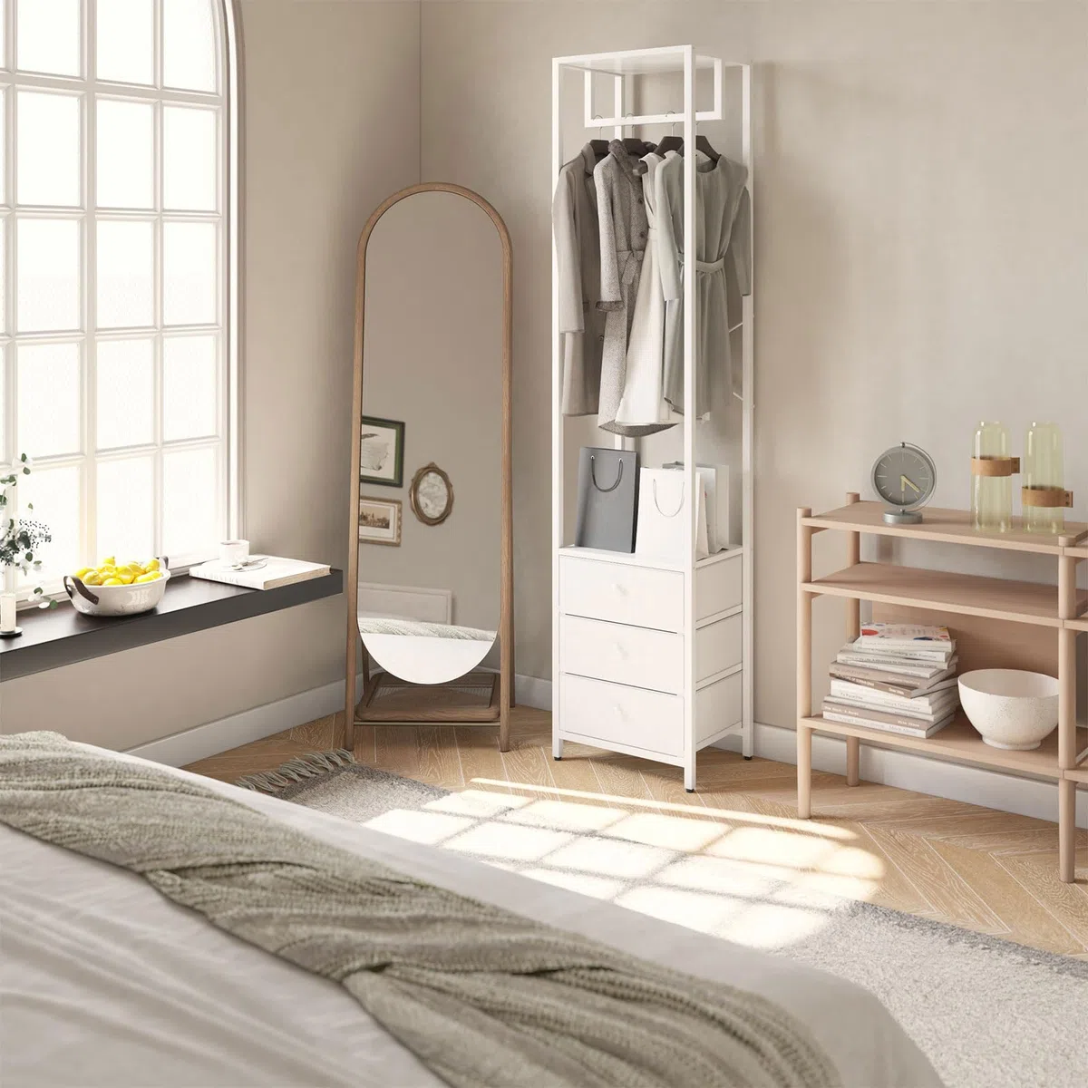 YMYNY Perchero con Cajón no Tejido, Pequeño Perchero de Esquina Almacenaje, Estantería de Almacenamiento para Salón Dormitorio Pasillo Entrada 39×29×179CM Blanco HGR001W