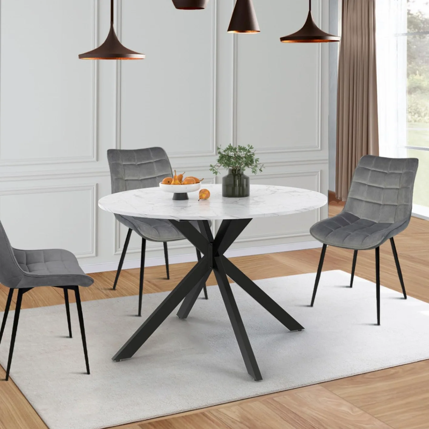 IDMarket – Mesa de comedor extensible redonda Alix 4-8 personas, pie araña negro, bandeja efecto mármol blanco Alaska 110-150 cm