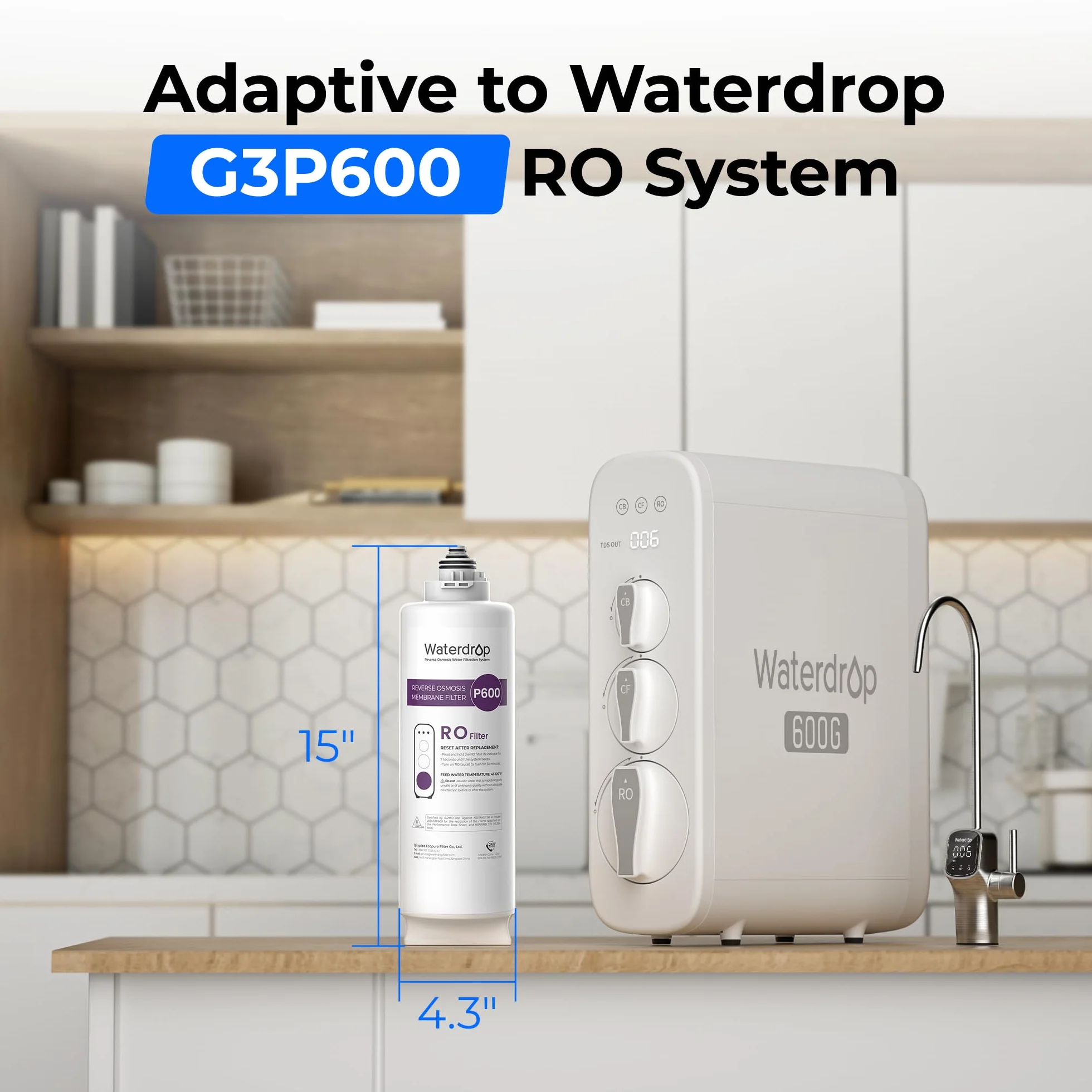 Waterdrop Filtro WD-G3P600-RO, certificado NSF, repuesto para sistema de ósmosis inversa WD-G3P600, vida útil de 2 años