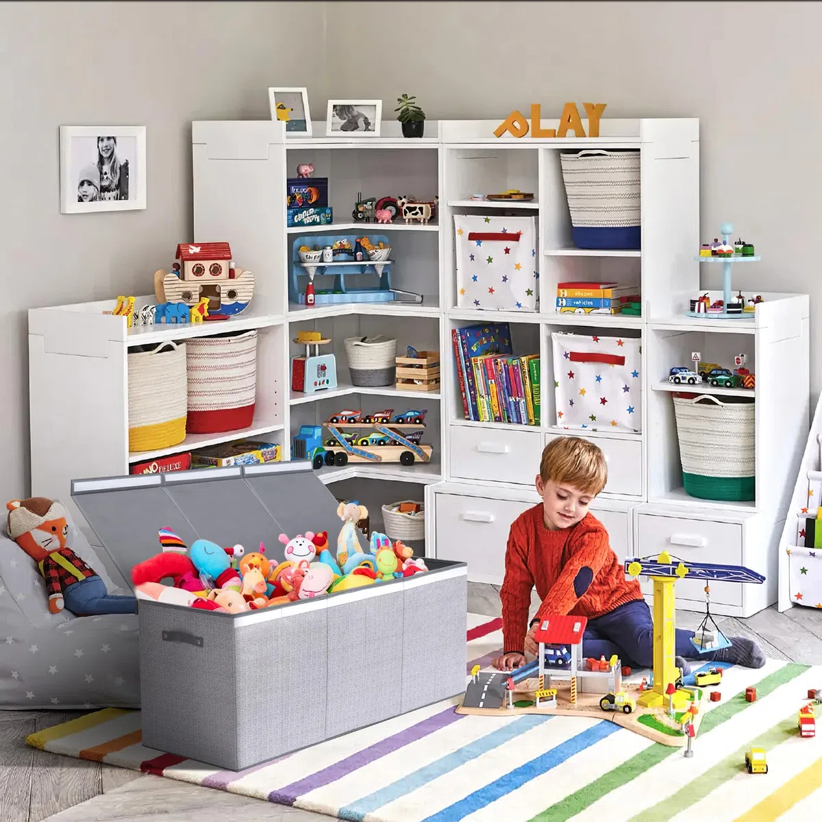 ELUCHANG Caja de Almacenamiento para Juguetes, 147L - Baúl Grande Plegable para Juguetes de Niños y Niñas, Organizador con Tapa Abatible para Ropa, Habitación, Guardería, Gris