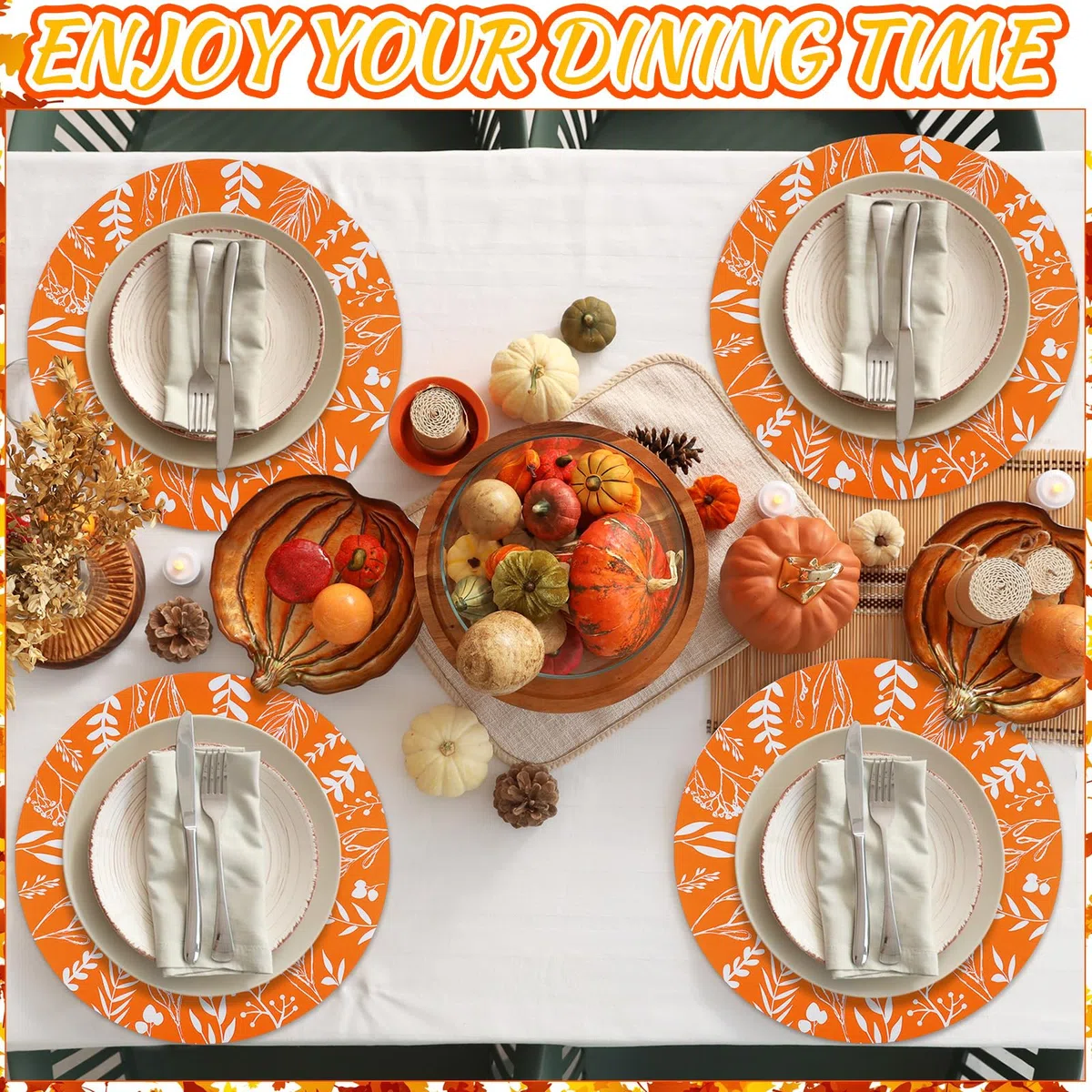 Tinlade 100 manteles individuales redondos de hojas de eucalipto naranja de 14 pulgadas, manteles individuales redondos desechables de papel para decoración de comedor