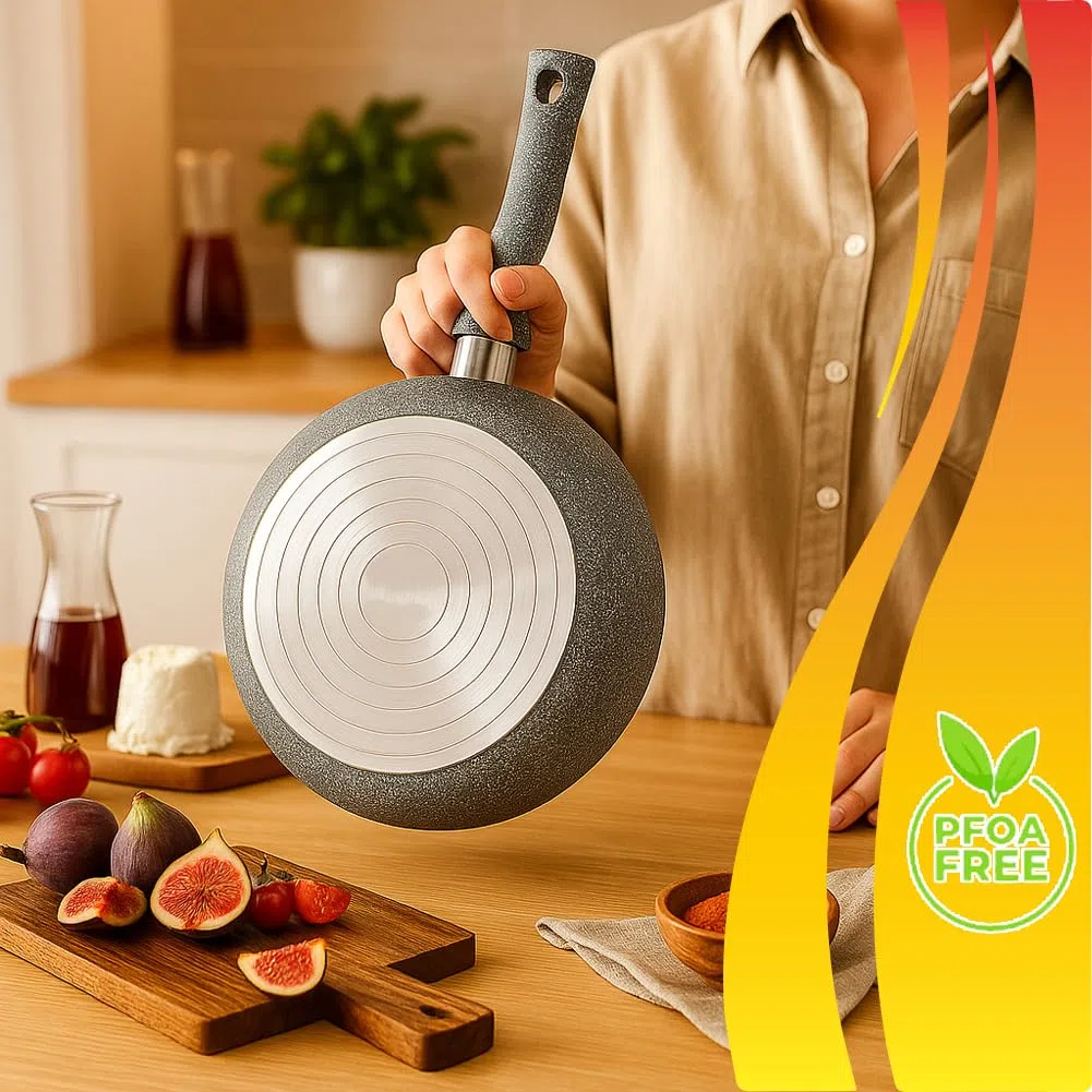BAKAJI Juego de 3 sartenes Primolla de 20 – 24 – 28 cm de diámetro, revestimiento efecto piedra antiadherente Pfoa Free para cocción homogénea, mango térmico Cool Touch, ideal para hornillos de gas
