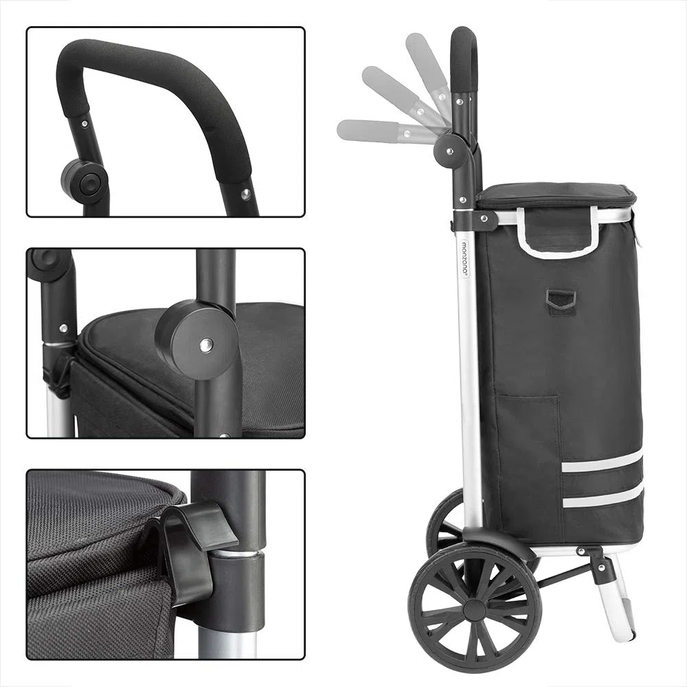 Monzana Carro de la Compra Negro 56L hasta 50 Kg con Ruedas Bolsa Extraíble Plegable Carrito de Supermercado