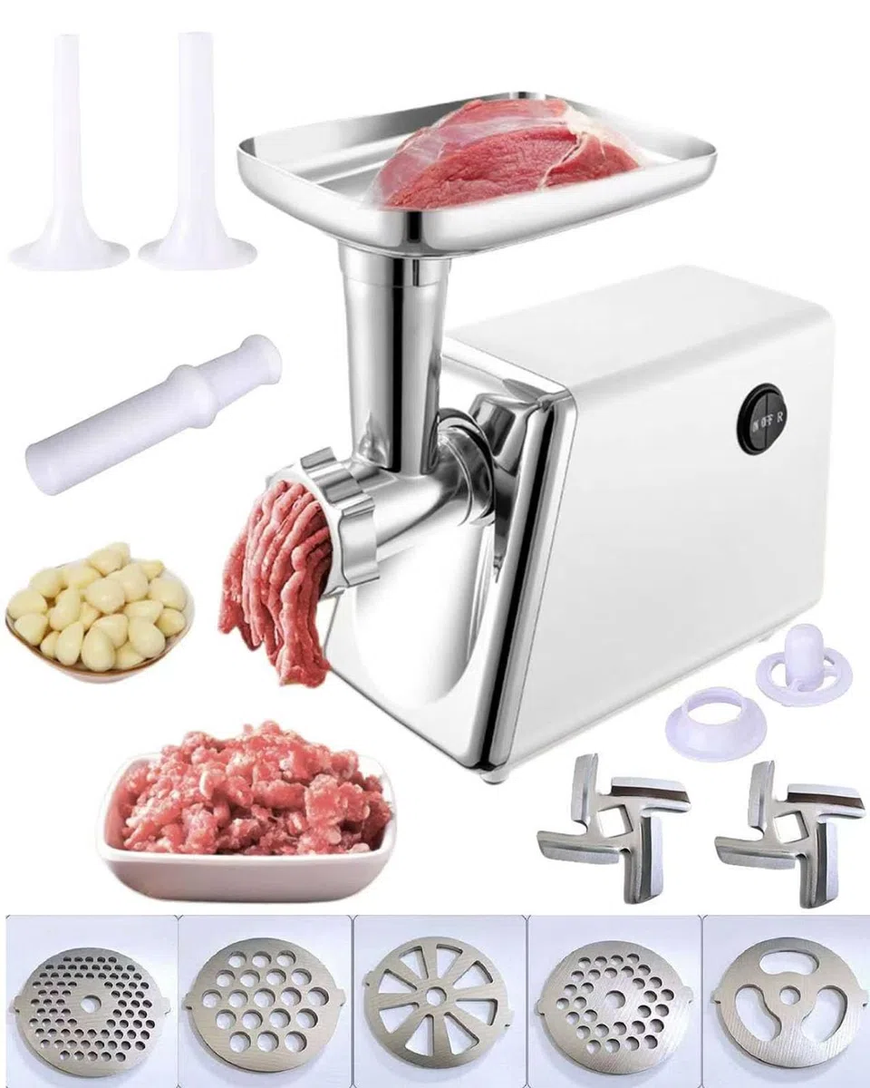 Picadora de carne eléctrica, máquina multifuncional de procesamiento de alimentos, acero inoxidable blanco