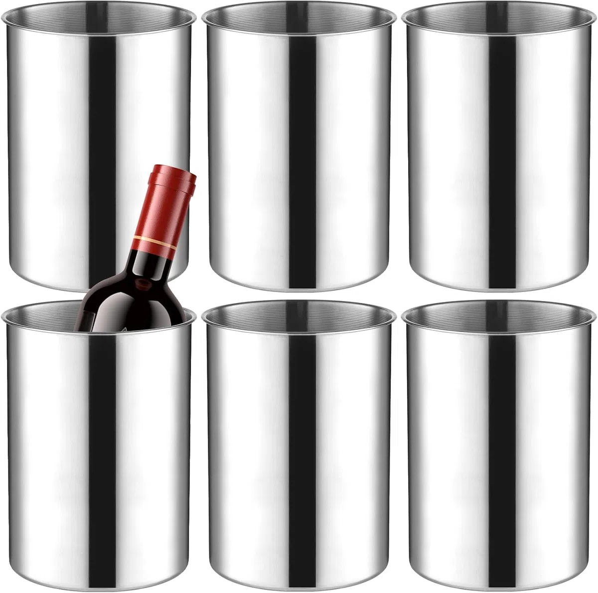 Juego de 6 cubiteras apilables de acero inoxidable grueso de 750 ml para vino, cerveza y champán, cubos de hielo de metal para fiestas, barbacoas y bares (18 cm de alto x 14,5 cm de ancho)