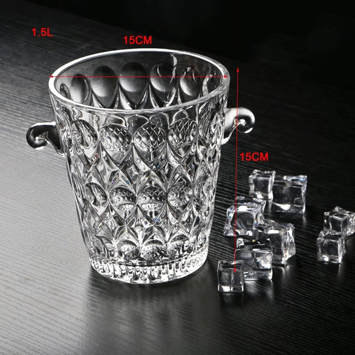Cubitera Botella Vino Cubo de Hielo de Cristal con asa de fácil Transporte, Enfriador de Bebidas Transparente, contenedor de Hielo de 1,5 l para Vino, champán y Cerveza