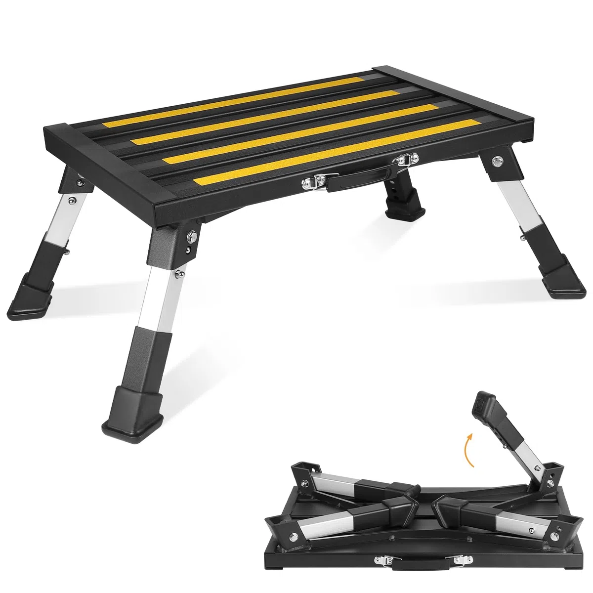 DBREAKS Taburete Plegable Antideslizante de Aluminio con 4 Alturas Ajustables y asa de Transporte, Peldaño Plegable Escalon para Caravanas, para Adultos, Niños, Mascotas(Negro)