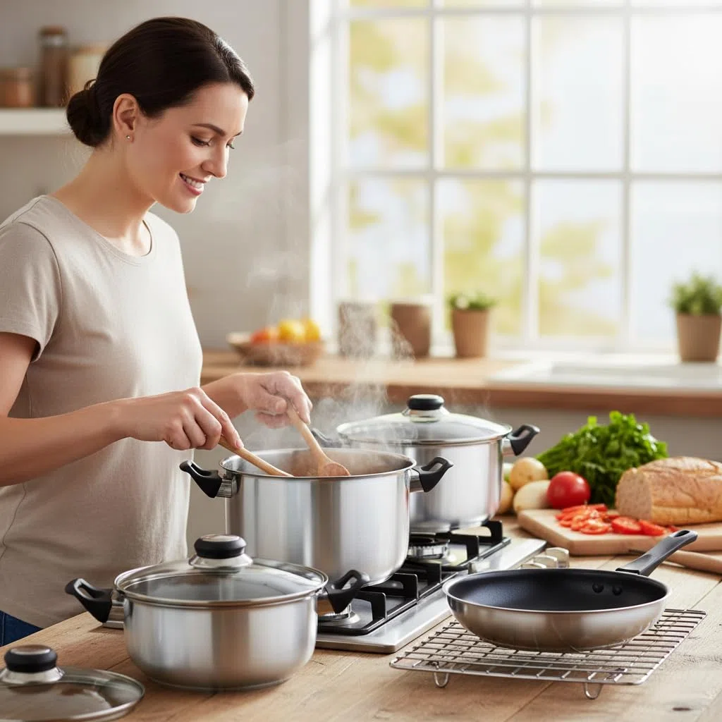 Quttin | Batería de Cocina de 12 Piezas de Acero Inoxidable Apta para Inducción, Gas y Vitrocerámica - Juego de 4 Ollas, 1 Cazo y 1 Sartén con Tapas de Cristal, Perfecta para Todas las Cocinas