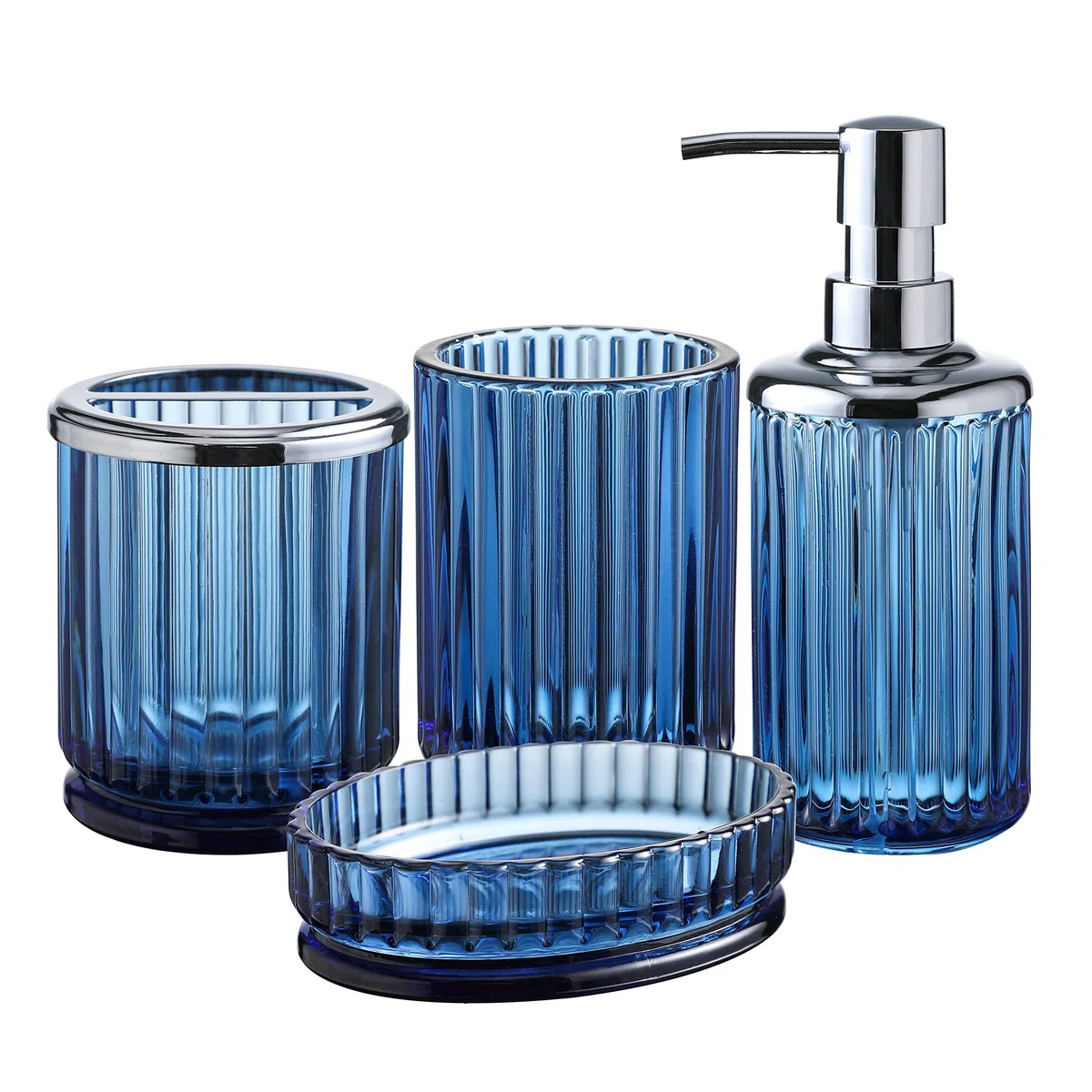Juego de Accesorios de baño de Vidrio Azul decente de 4 Piezas con patrón Decorativo prensado – Incluye dispensador de jabón de Manos, Vaso, jabonera y Soporte para Cepillo de Dientes (Azul Cobalto)