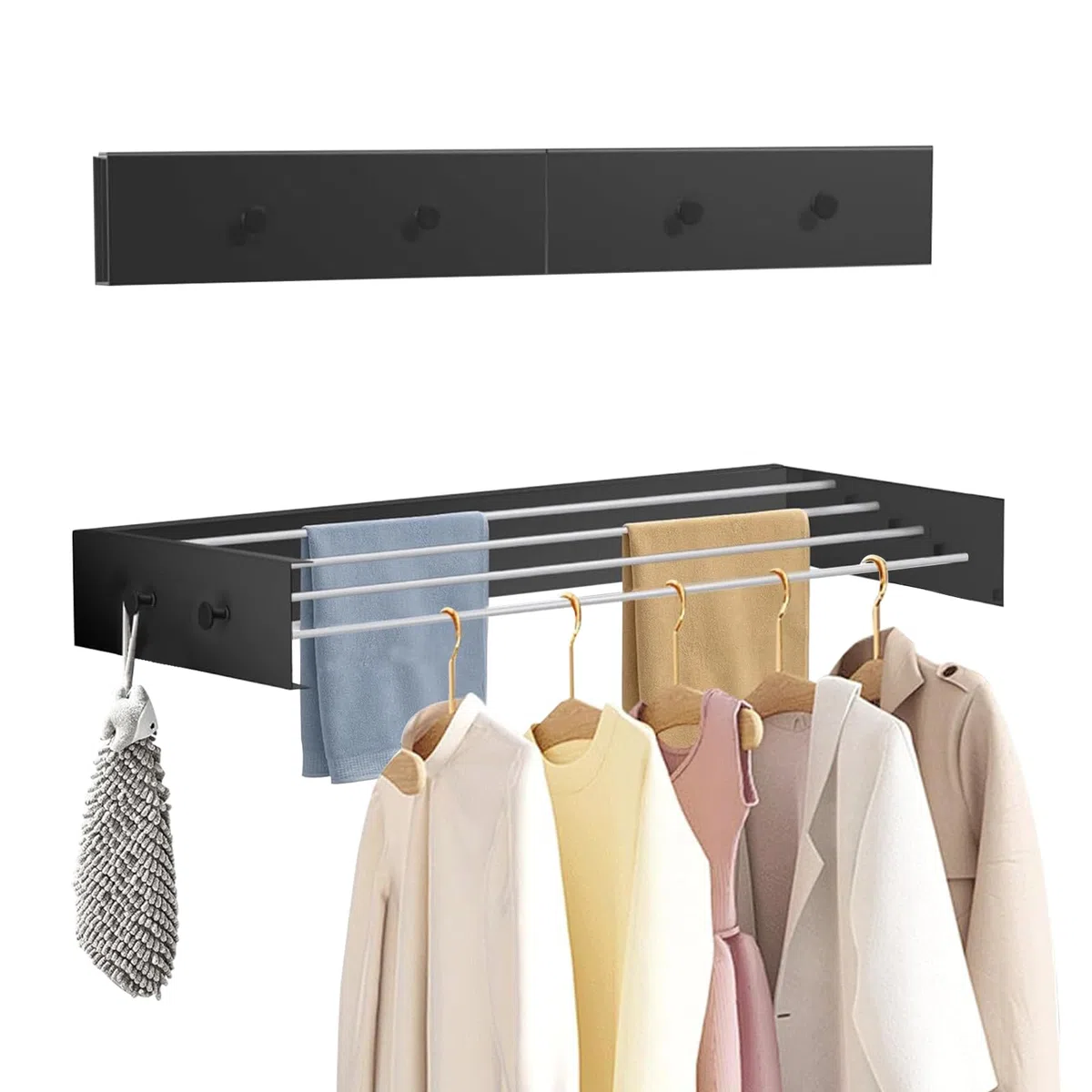 Tendedero de pared, con ganchos de actualización, fácil tendedero de pared, plegable, para interior o exterior, secadora de pared extensible para balcón (60 cm con 4 ganchos, negro)
