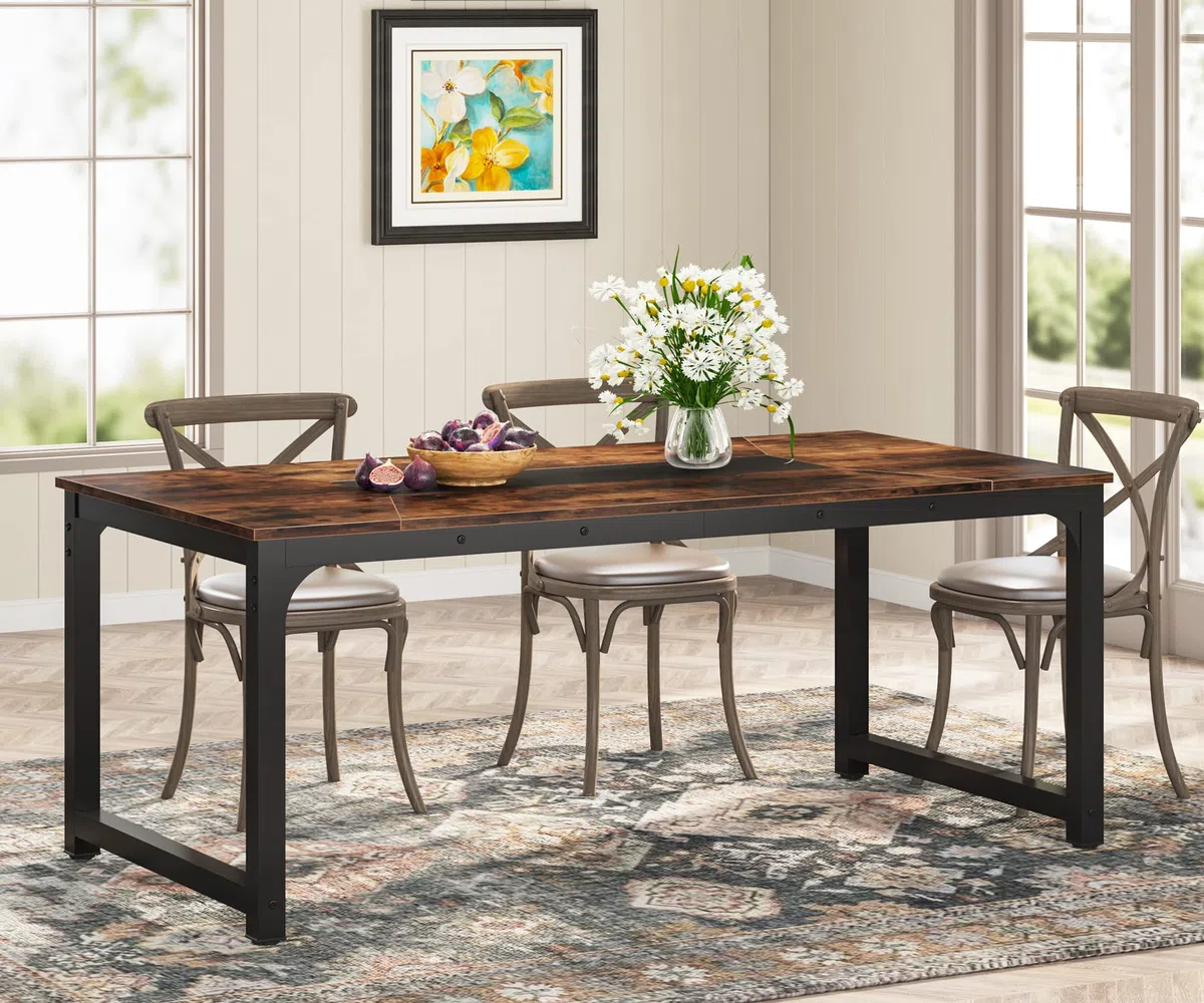 Tribesigns Mesa de Comedor Industrial para 6-8 Personas, 180 x 90 x 77 cm, Mesa de Comedor Rectangular para Comedor, Salón, con Patas de Metal Duraderas, Marrón Rústico