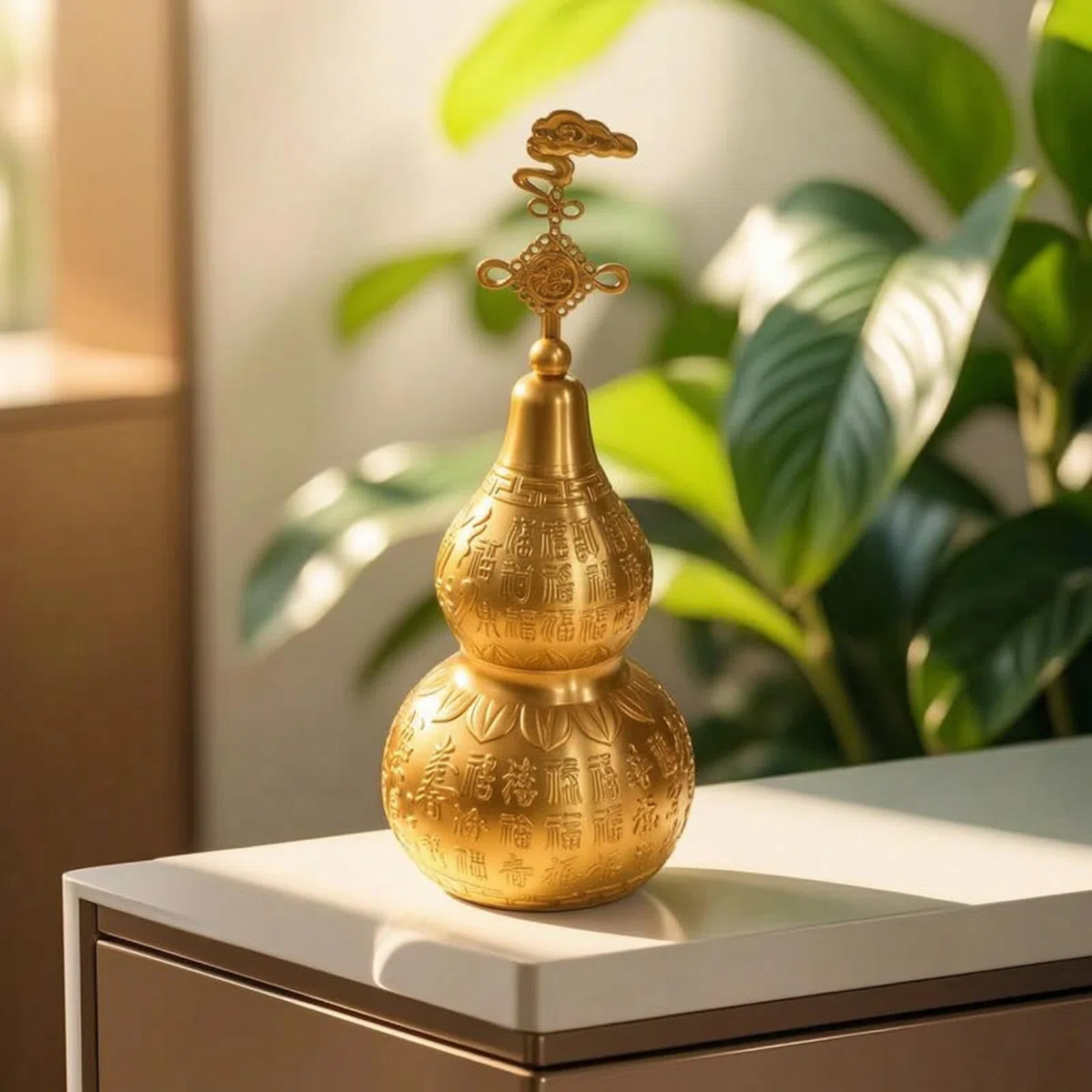 Calabaza de Latón Figura Ornamento Escultura Estatua Acabado Latonado con Relieve Chino y Adecuada para Entrada Sala Estantería Escritorio de Trabajo Colección 24cm