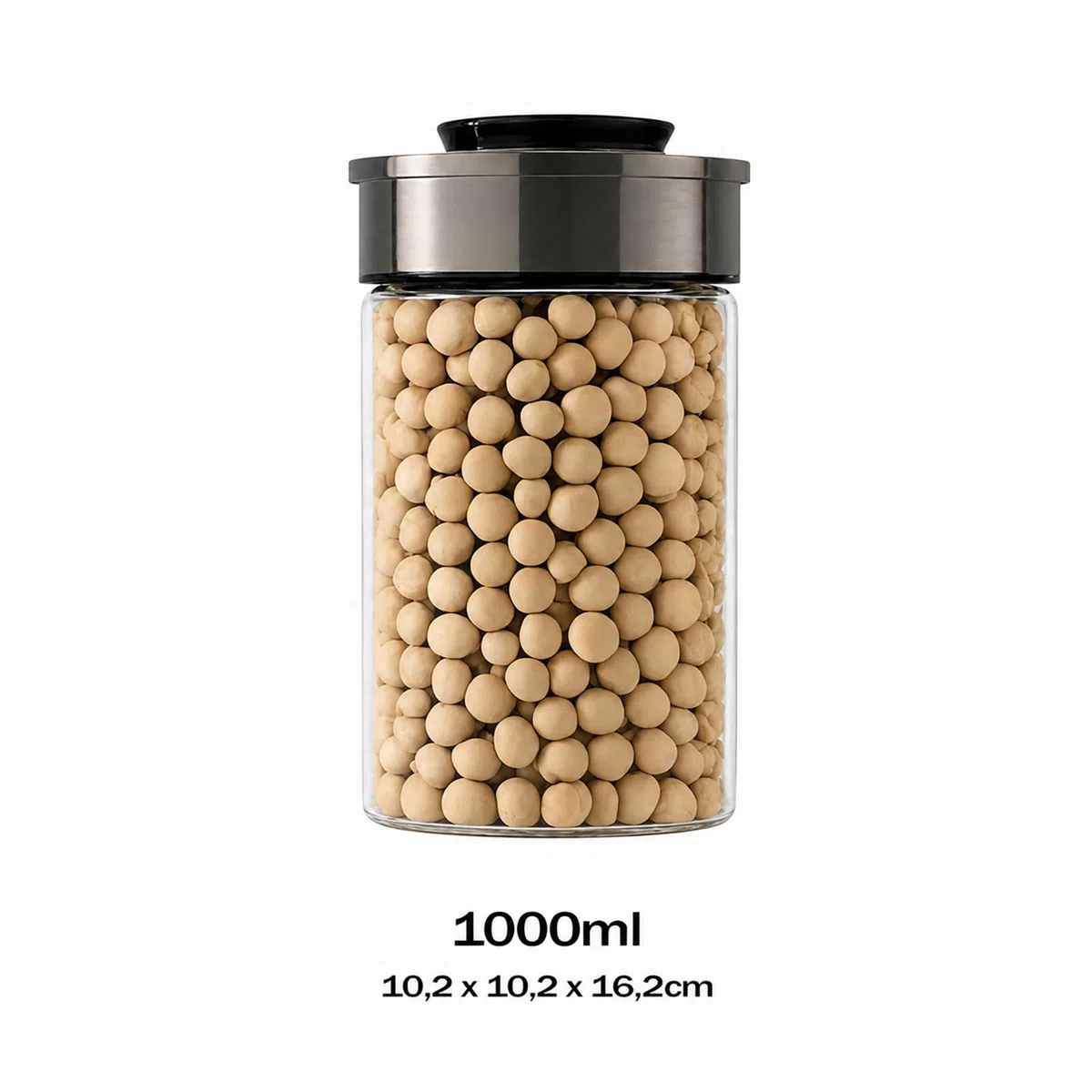 BURI Juego de 6 tarros de cristal de 1000 ml, herméticos con tapa de acero inoxidable y cierre de clic, apilables, aptos para lavavajillas, para cocina, almacenamiento de alimentos
