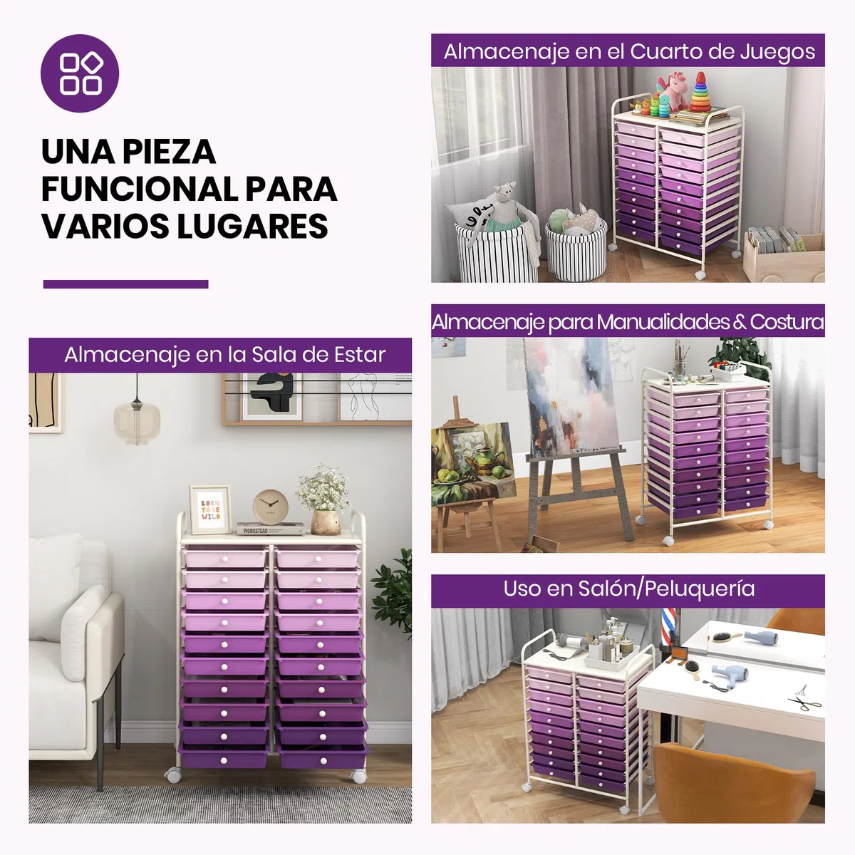 GOPLUS Carrito Auxiliar con 4 Ruedas, Carro de Servicios con 20 Cajones, 2 Ruedas con Frenos, Carro de Almacenamiento de Estructura Metálica para Cocina Oficina Baño (Violeta)
