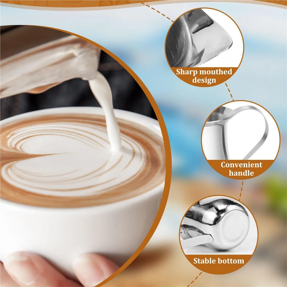 1/6 Uds cremas con mango, jarra de crema acero inoxidable espuma leche a prueba herrumbre taza para Arte de Café(90ml 6pcs)