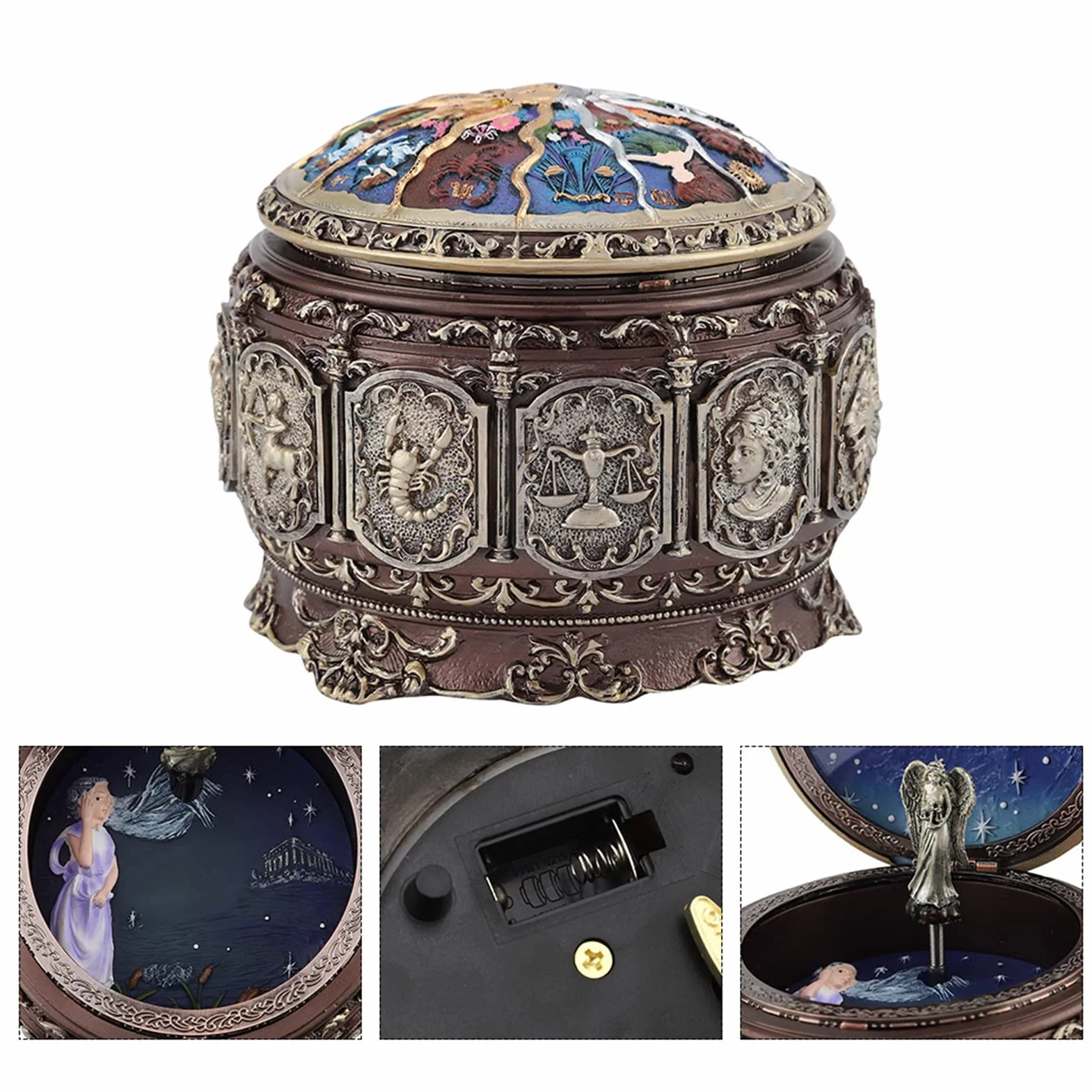 MAGT Caja de música vintage, 12 constelaciones, caja de música con constelaciones giratorias, diosa giratoria, luces LED brillantes, regalos para Navidad, San Valentín, cumpleaños (Libra)