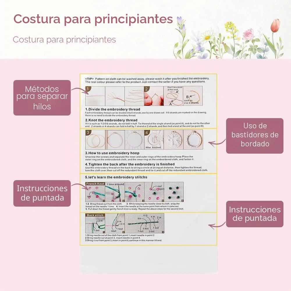 Kit de bordado para adultos, 4 juegos de iniciación de bordado con patrones de flores florales, kit de bordado a mano con aro de bordado e instrucciones (idioma español no garantizado), kits de punto