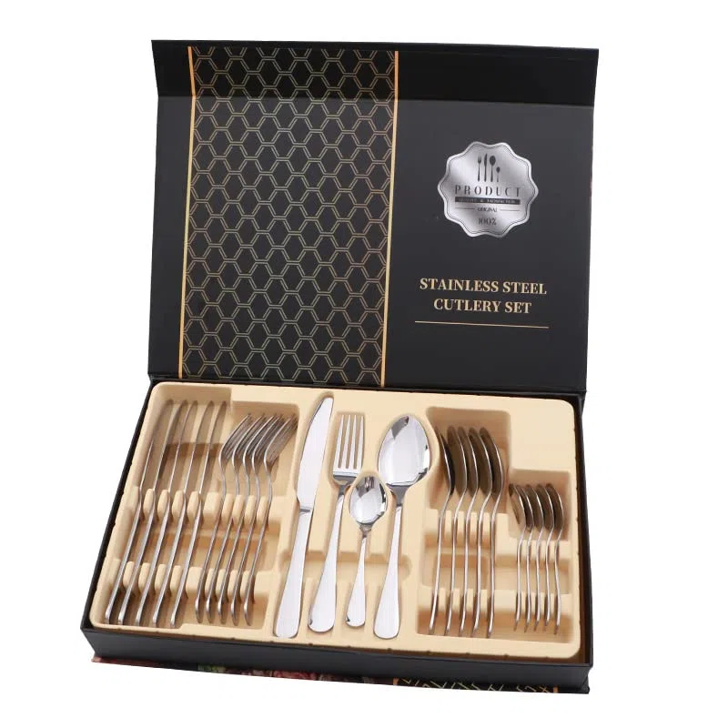 Generic Elegante Juego de Cubiertos de Acero Inoxidable, 24 Piezas, Cuchillo para Carne, Tenedor, Cuchara para Vajilla de Regalo (SILVER)