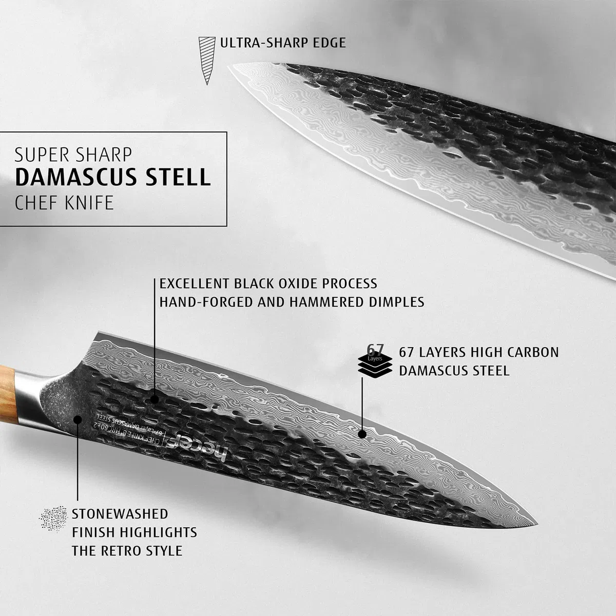 hecef Cuchillo de Cocina Damasco 20 cm con Mango de Madera de Olivo | Cuchillo japonés profesional, cuchillo cebollero chef con 67 capas de acero Damasco para carne y verduras