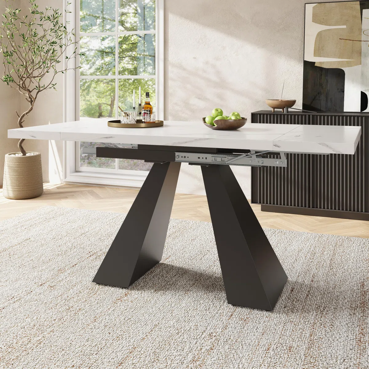 Mesa de comedor extensible (99-159 x 74 cm), mesa de cocina con amplia superficie de trabajo, diseño flexible, adecuada para oficina en casa y sala de estar, con patas de columna (tablero
