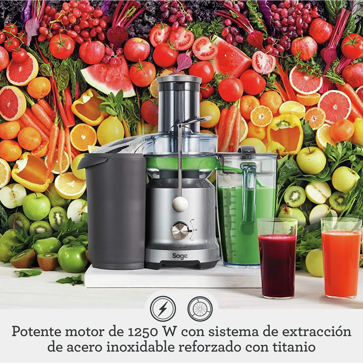 Sage Nutri Juicer Cold - Exprimidor de Zumo, Plata | Tecnología Cold Spin, Motor Eficiente de 1250W, Jarra Easy Seal de 2L, Doble Velocidad, Brazo de Seguridad