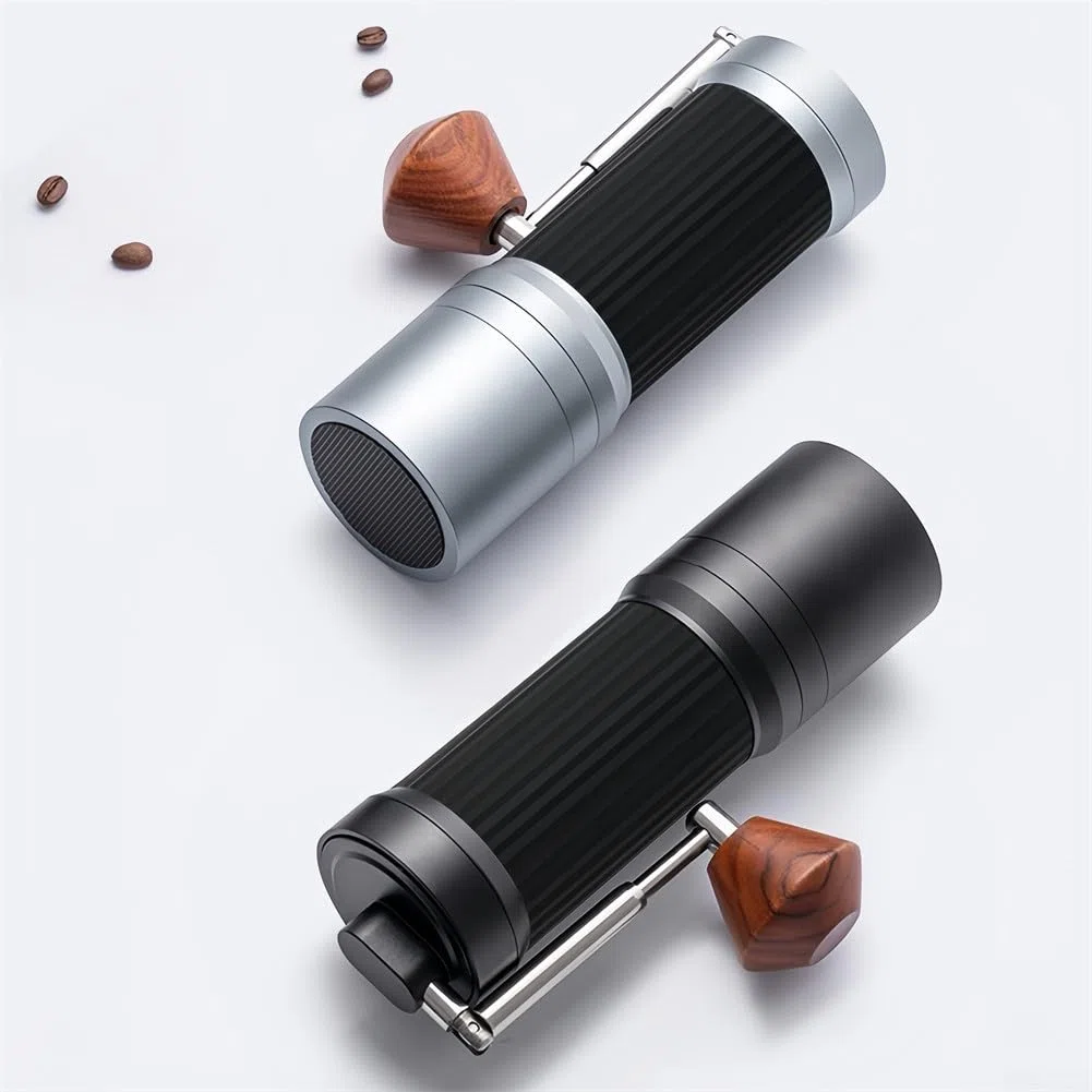 Molinillo de café manual, molinillo de rebabas ajustable de acero inoxidable con 24 ajustes de molienda, mango plegable portátil para espresso vertido, viajes, camping, negro (plateado)
