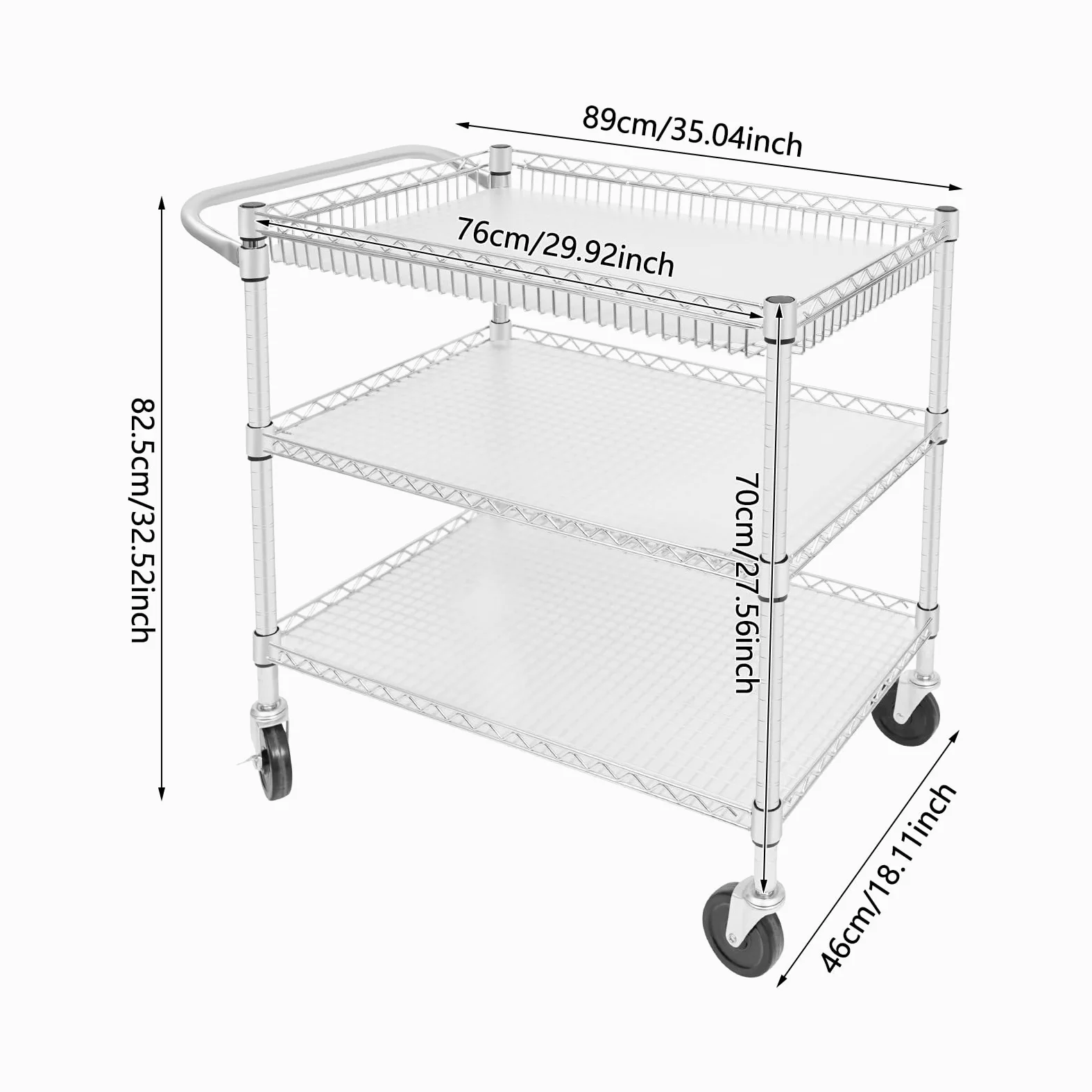 Carro de servicio con ruedas, 76 x 46 x 82,6 cm, 3 estantes, carro de transporte, capacidad de carga de 450 kg, para restaurantes, cocinas u hoteles