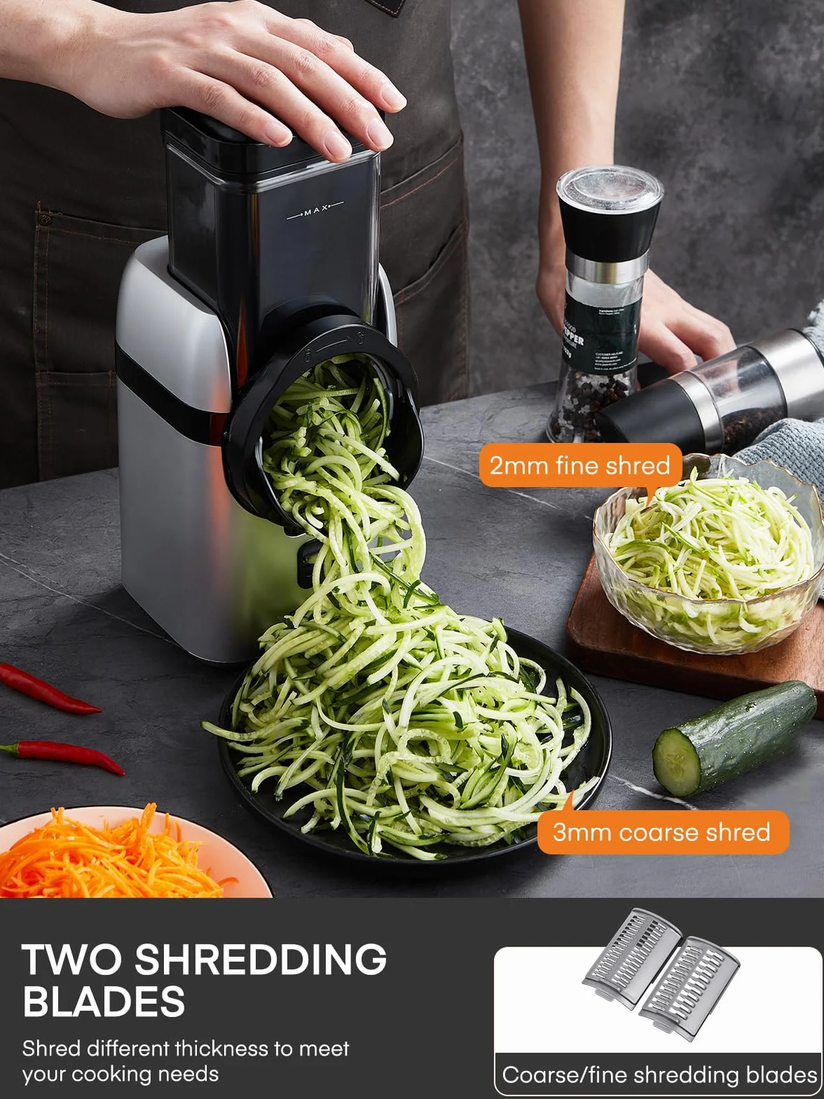 FOHERE Cortador de Verduras Eléctrico Rallador Multifunción para Frutas | 5 en 1 con Motor 80W, varias Cuchillas Intercambiables y Caja de Almacenamiento. Procesa Patatas Enteras