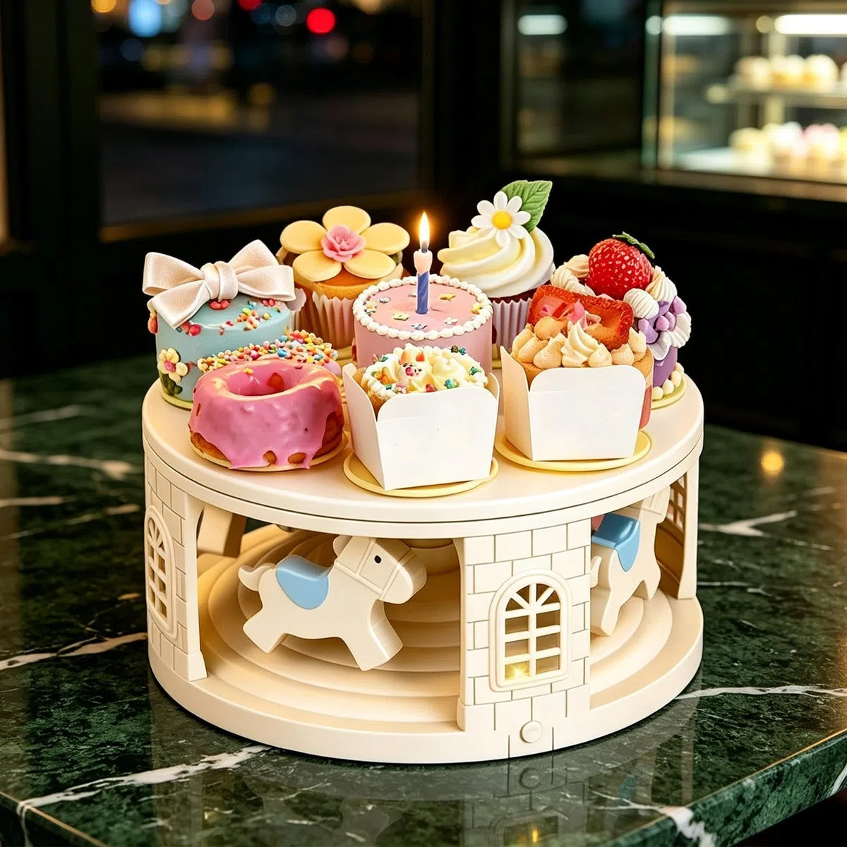 Expositor De Tartas Giratorio con Música y Luces, Bandeja de Servir con 8 | Soporte para Tartas, Suministros Fiesteros Para Alimentos, Galletas, Donuts, Dulces, Hogar, Cumpleaños, Bodas, Na