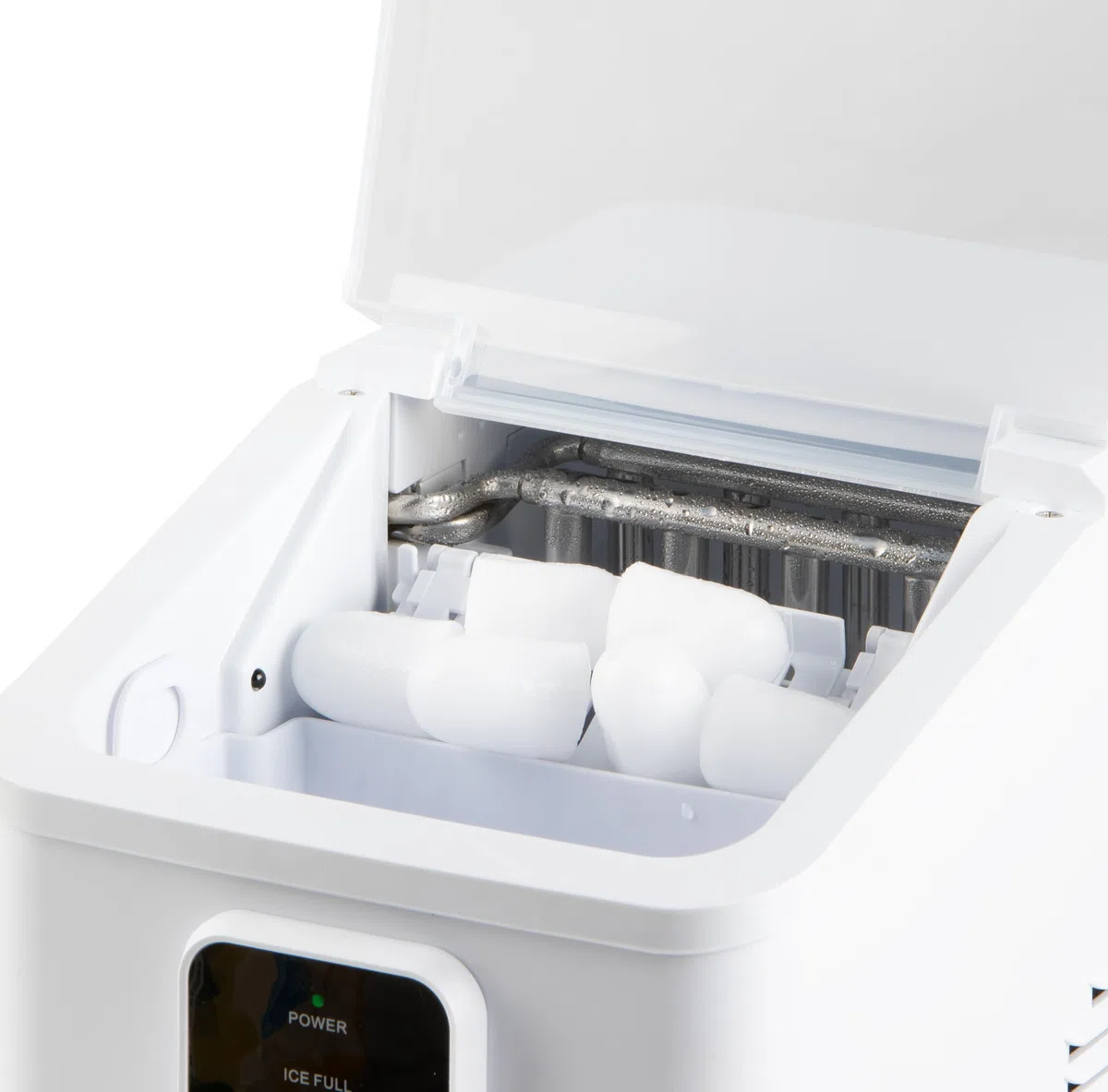DOMO DO9292IB - Máquina para hacer cubitos de hielo con pala de hielo – 0,8 l – 9 cubitos de hielo en 8 minutos – 12 kg en 24 horas – Pequeña máquina de hielo portátil con mango – Blanco