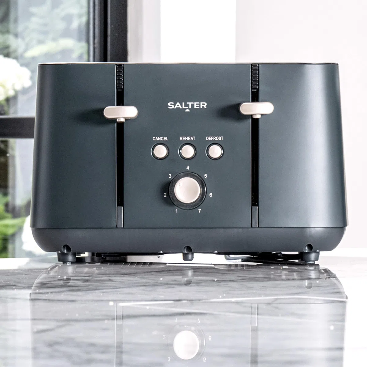 Salter Marino Tostadora de 4 ranuras anchas, 1850 W | 7 niveles tostado, descongelar/recalentar/cancelar, guías autocentrantes, antiatasco, bandeja recogemigas extraíble